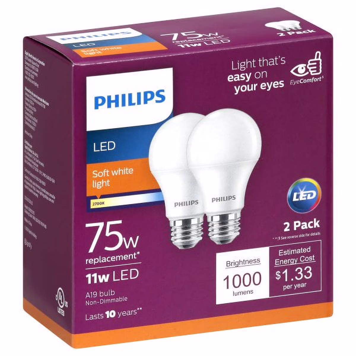 Philips 75W Equivalent Soft White A19 Medium LED Light Bulb (2-Pack) 565366