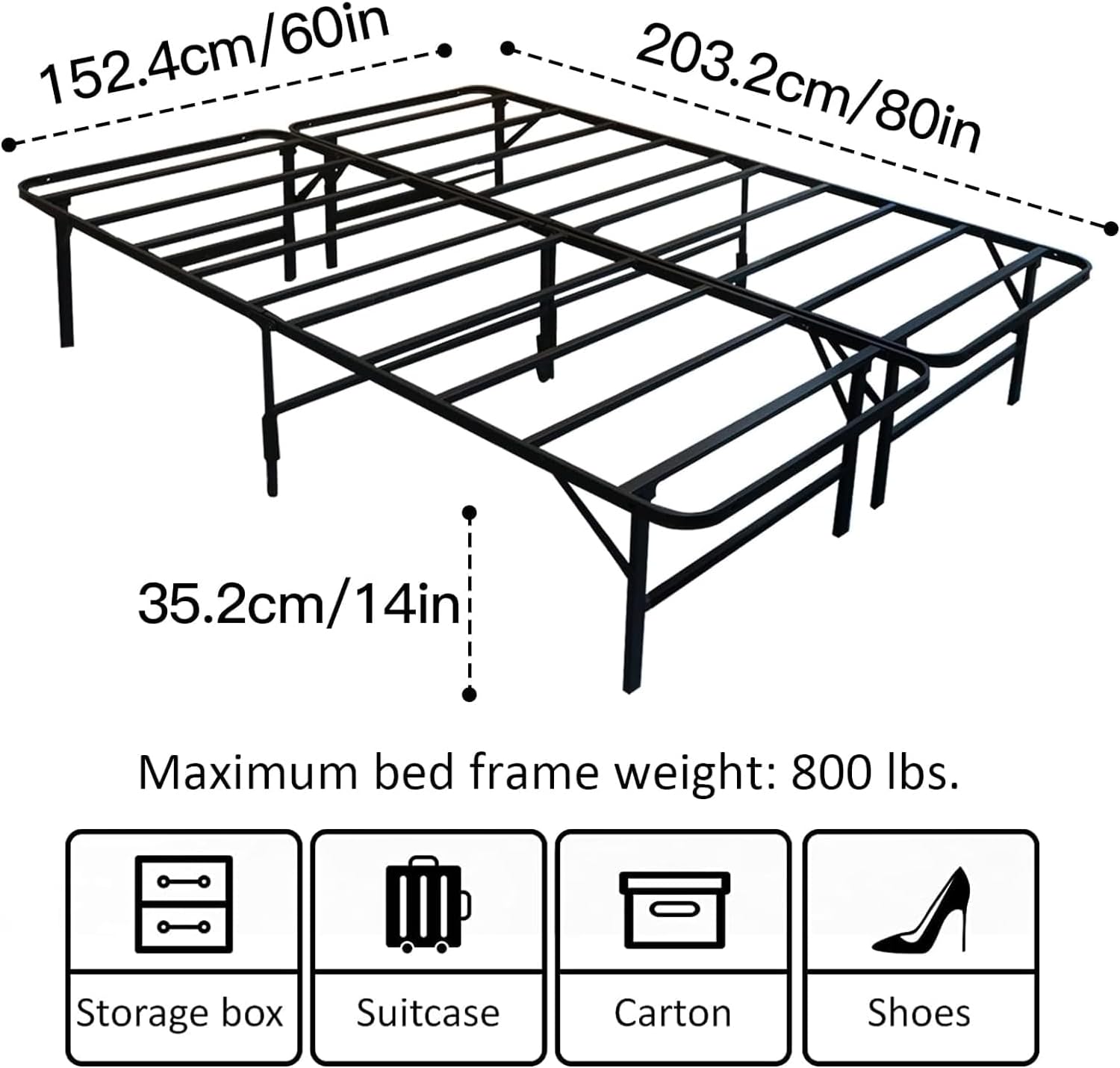 YGDU Metal Bed Frame Foldable Metal Platform Mattress Foundation with Support Up to 800lbs Steel Slats Support Noise Free Heavy Duty Bed Frame Easy Assembly, Queen