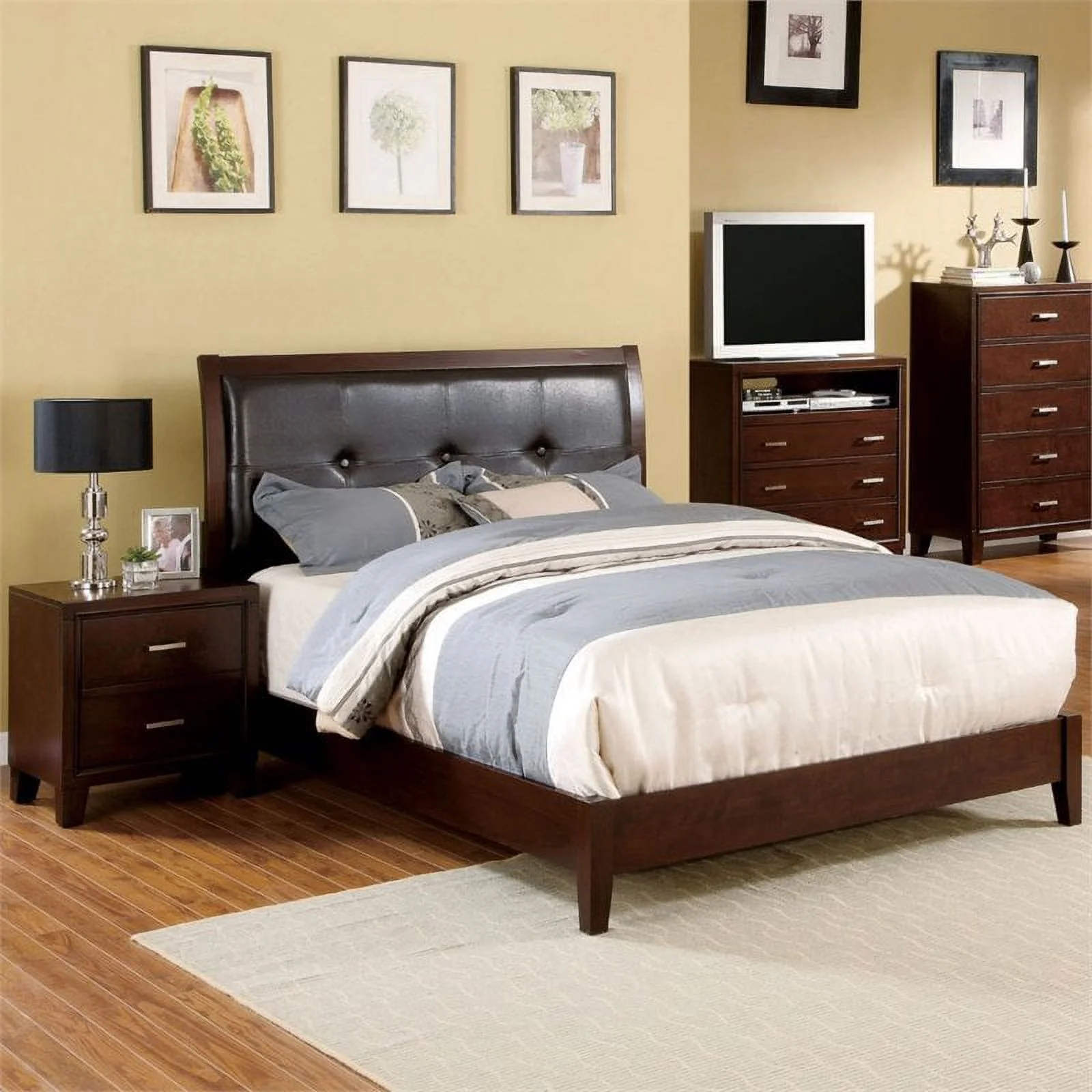 FOA Sirius 2pc Brown Cherry Solid Wood Bedroom Set - Cal King + Nightstand