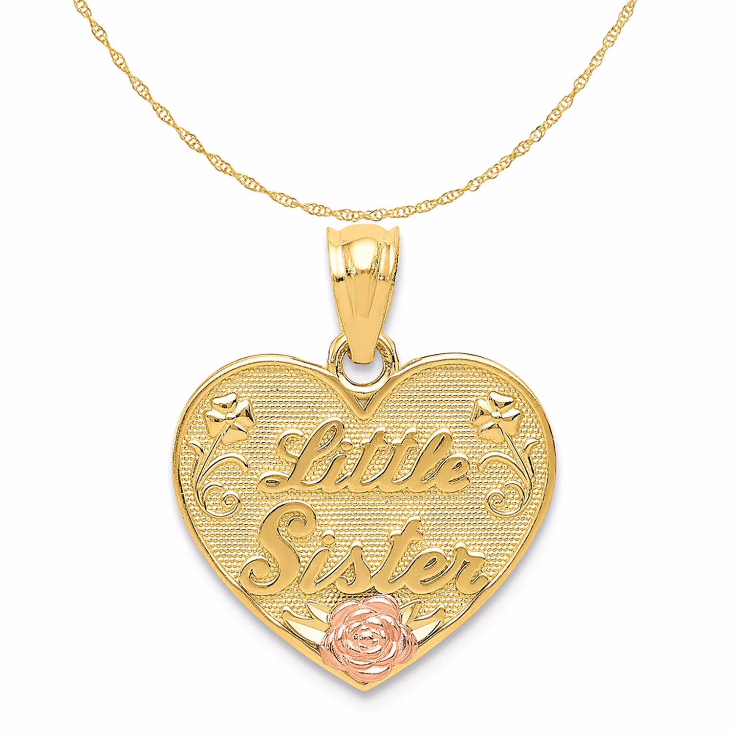 14K Two-Tone Gold Two-Tone Little Sister Heart Pendant (20mm x 15mm) With 10K Yellow Gold Lightweight Rope Chain 18