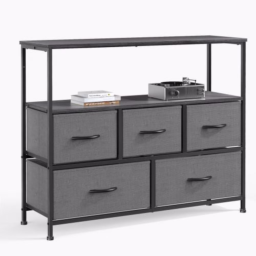 Drawer Dresser, ZPL Dresser for Bedroom with 5 Fabric Drawers, Closet Fabric Dresser with 2-Tier Storage Shelf, Chest Organizer for Living Room Nursery Entryway Hallway Closet, Gray