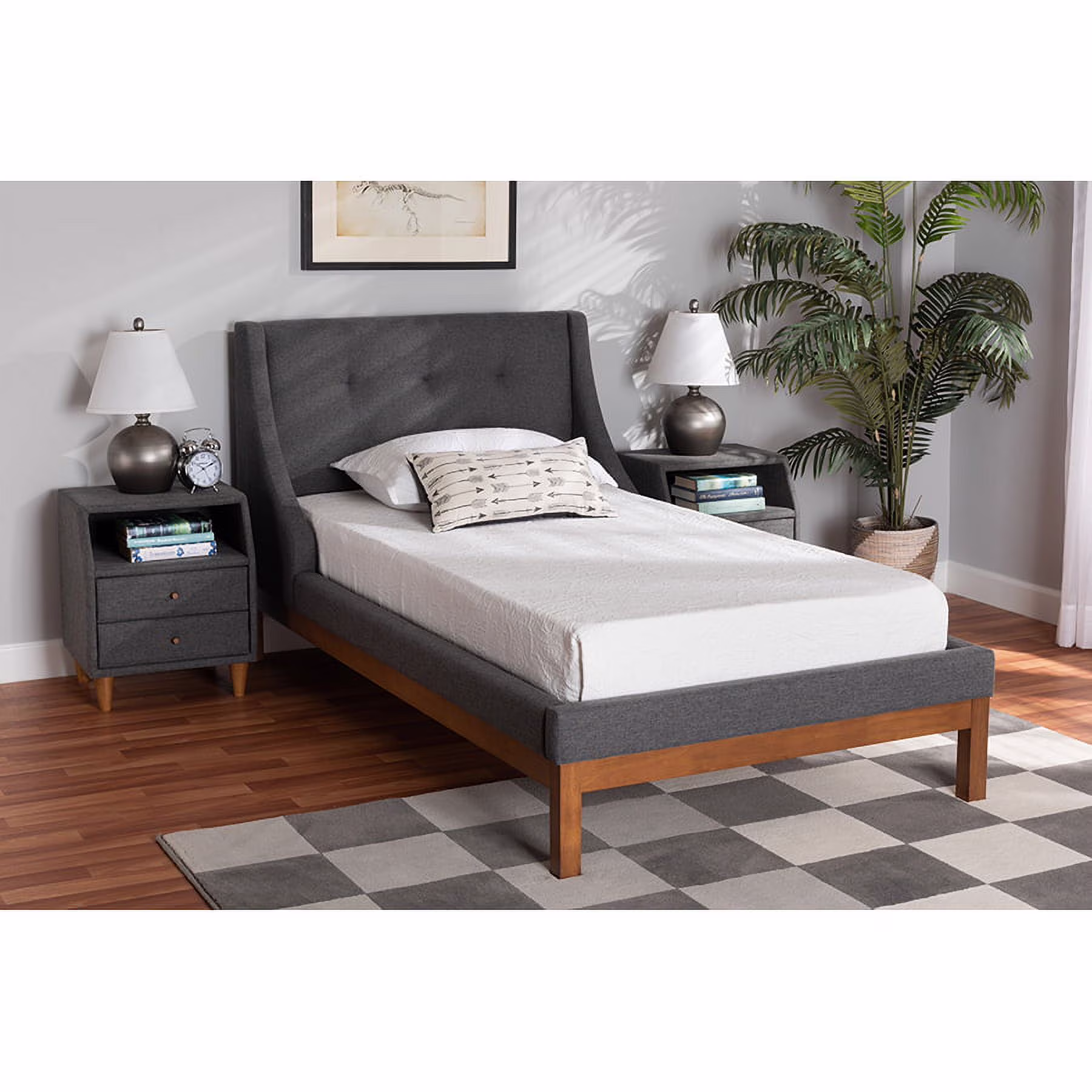 Baxton Studio Louvain Mid-Century Modern Transitional Dark Grey Fabric Upholstered Twin Size 3-Piece Bedroom Set
