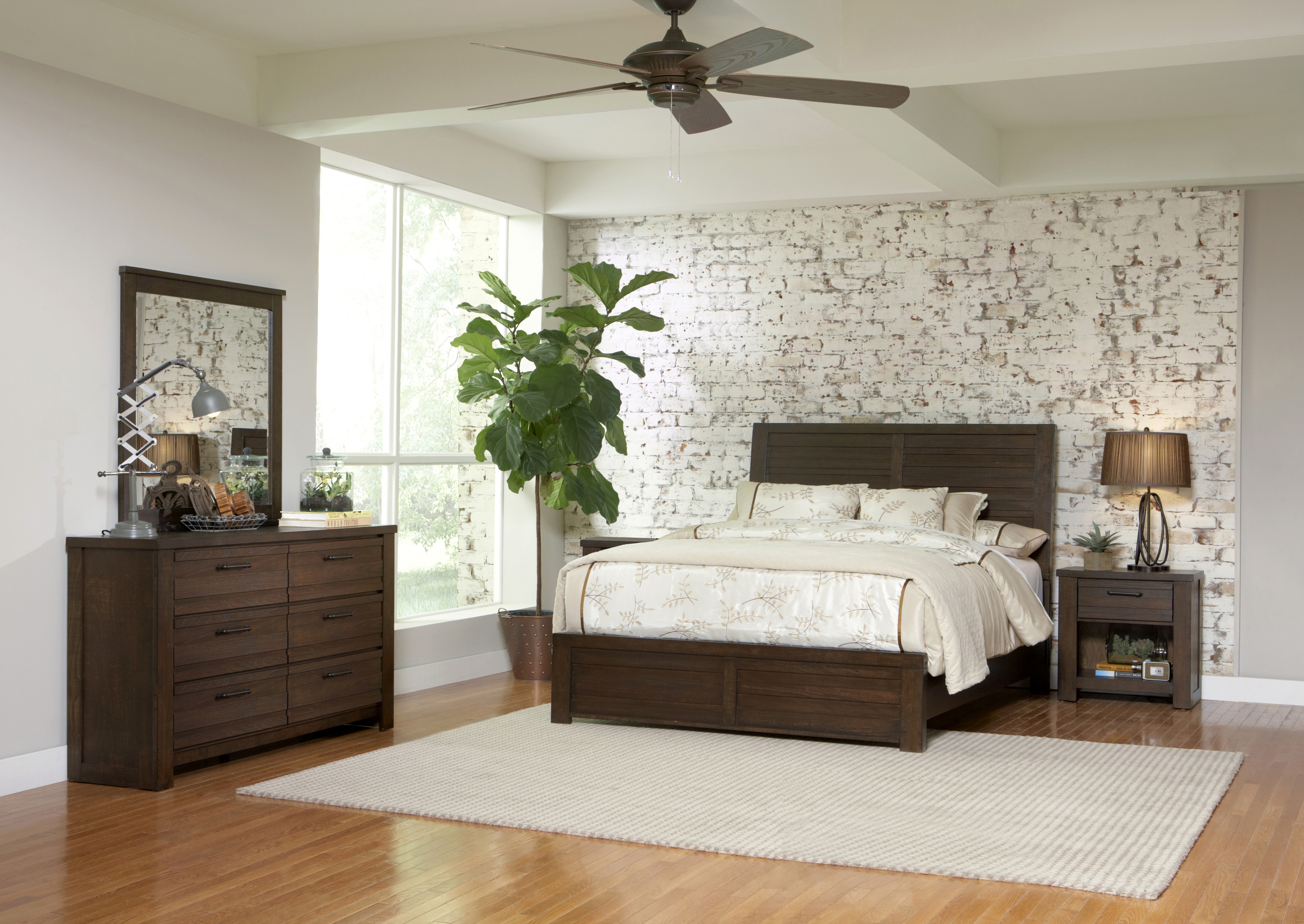 Sedona Transitional Wood Bedroom Set, Panel King Bed with Dresser, Mirror, Two Nightstands in Espresso