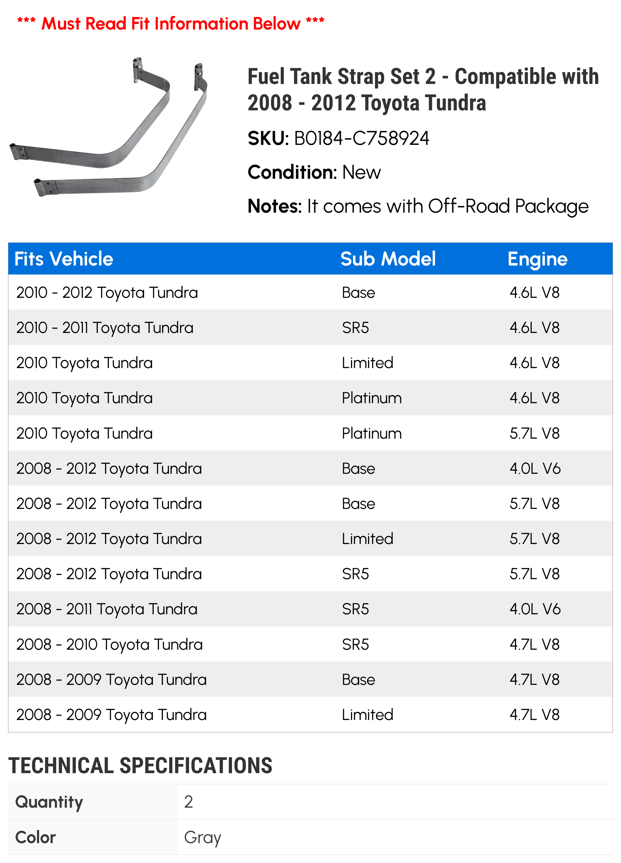 Fuel Tank Strap Set 2 - Compatible with 2008 - 2012 Toyota Tundra 2009 2010 2011