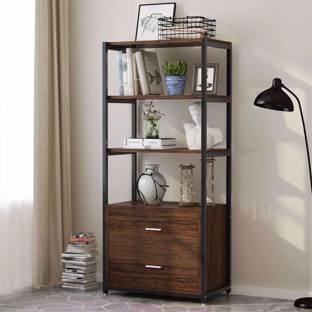 TribeSigns Bookcase with 2 Drawers, Vintage Industrial Etagere Standard Bookshelf in Rustic, Multiple 4 Tier Storage Cabinet for Home Office Organizer