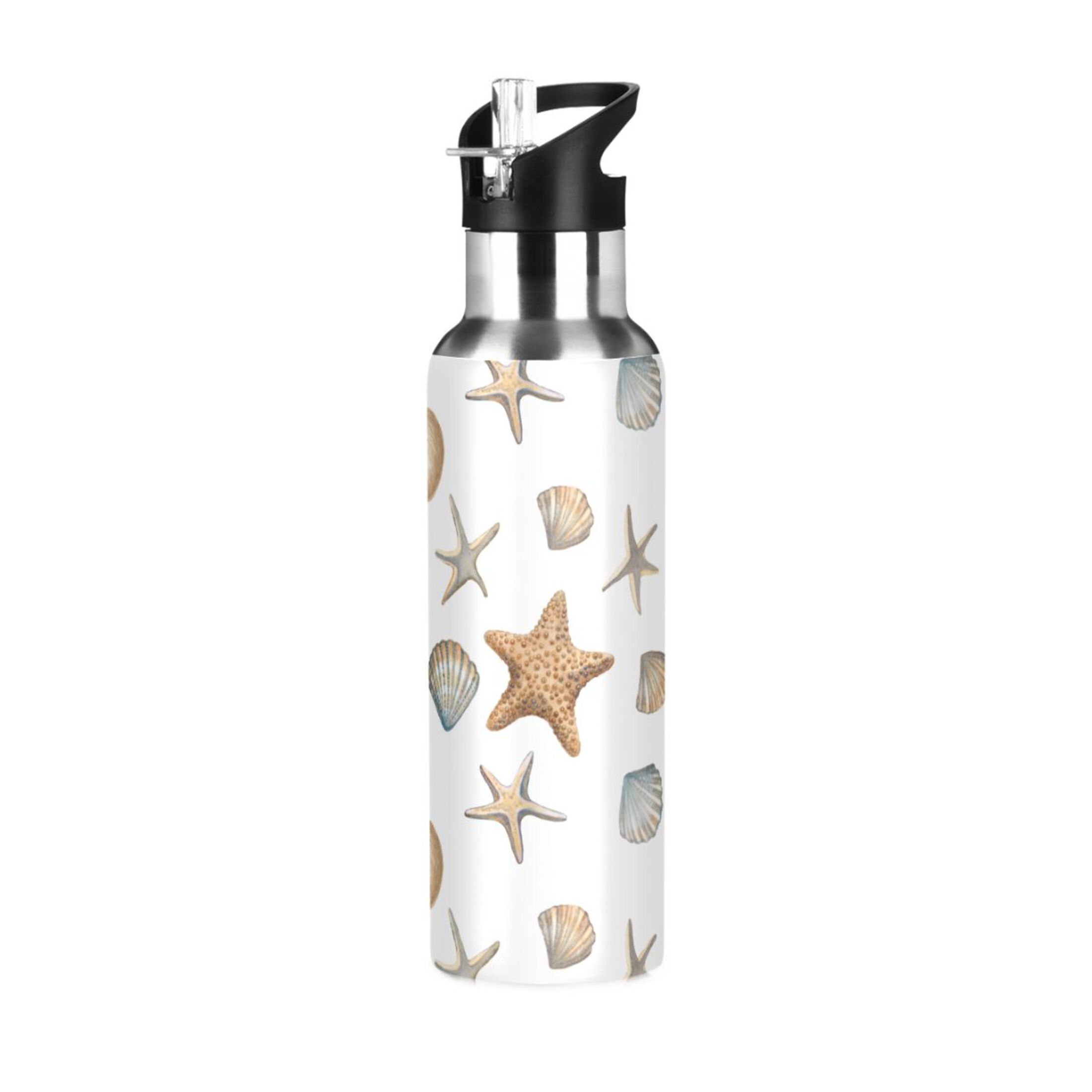 Seashells Seastars Water Bottles Insulated Thermos Kids Stainless Steel Bottle with Straw Lid Flask Leakproof for Sports Gym 20 oz