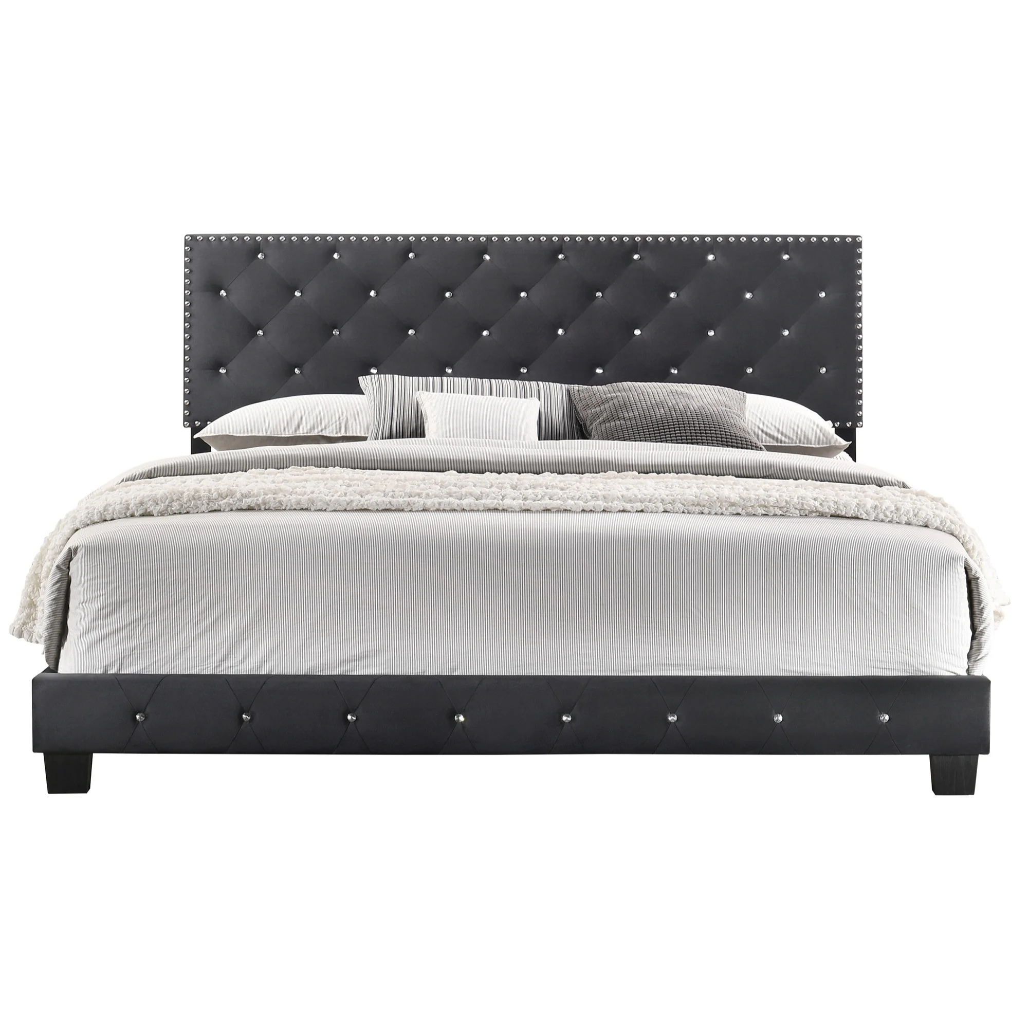 Passion Furniture Suffolk Black Tufted Velvet Upholstered King Panel Bed