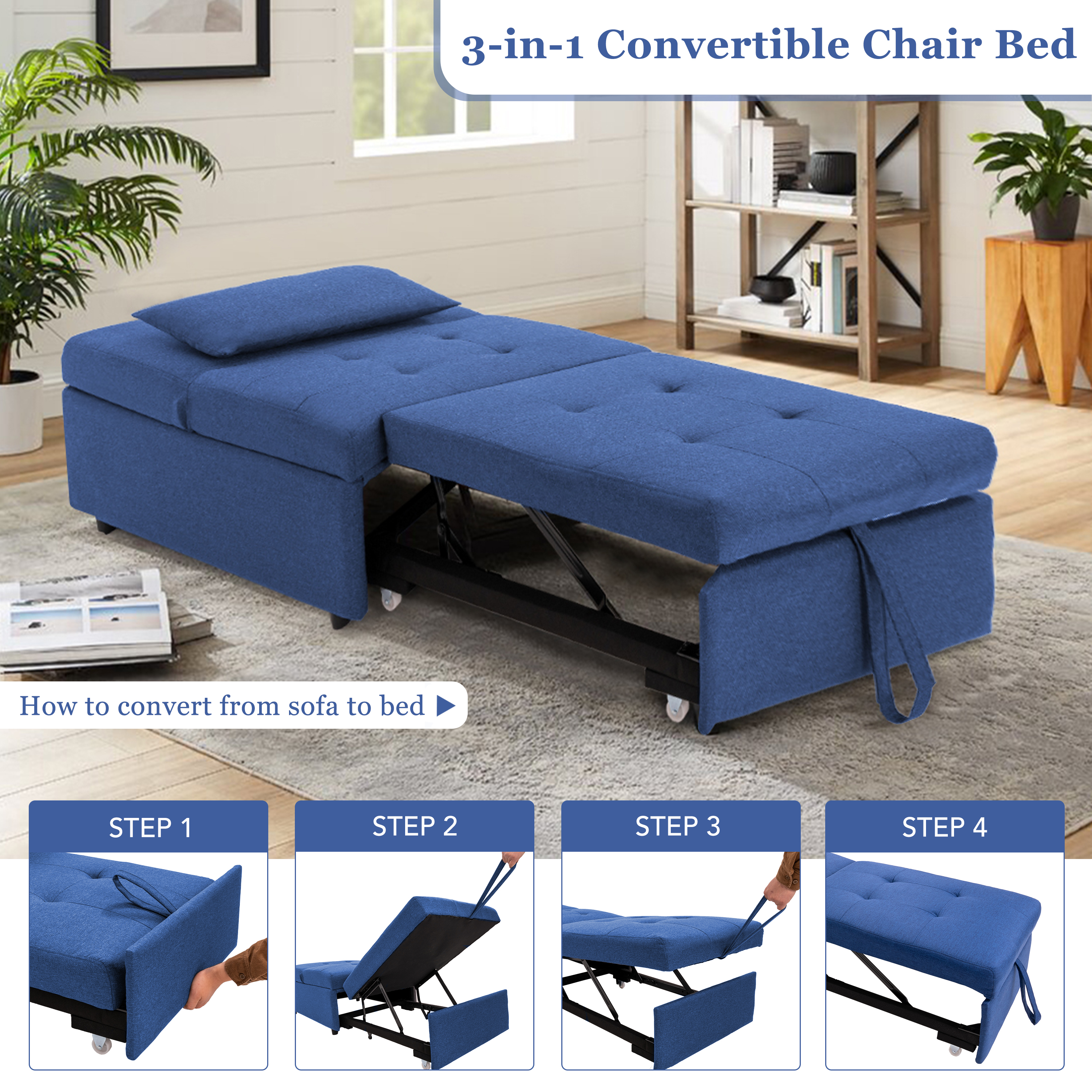 Prime Garden 3-in-1 Convertible Chair Sleeper Chair Sofa Bed,Dark Blue