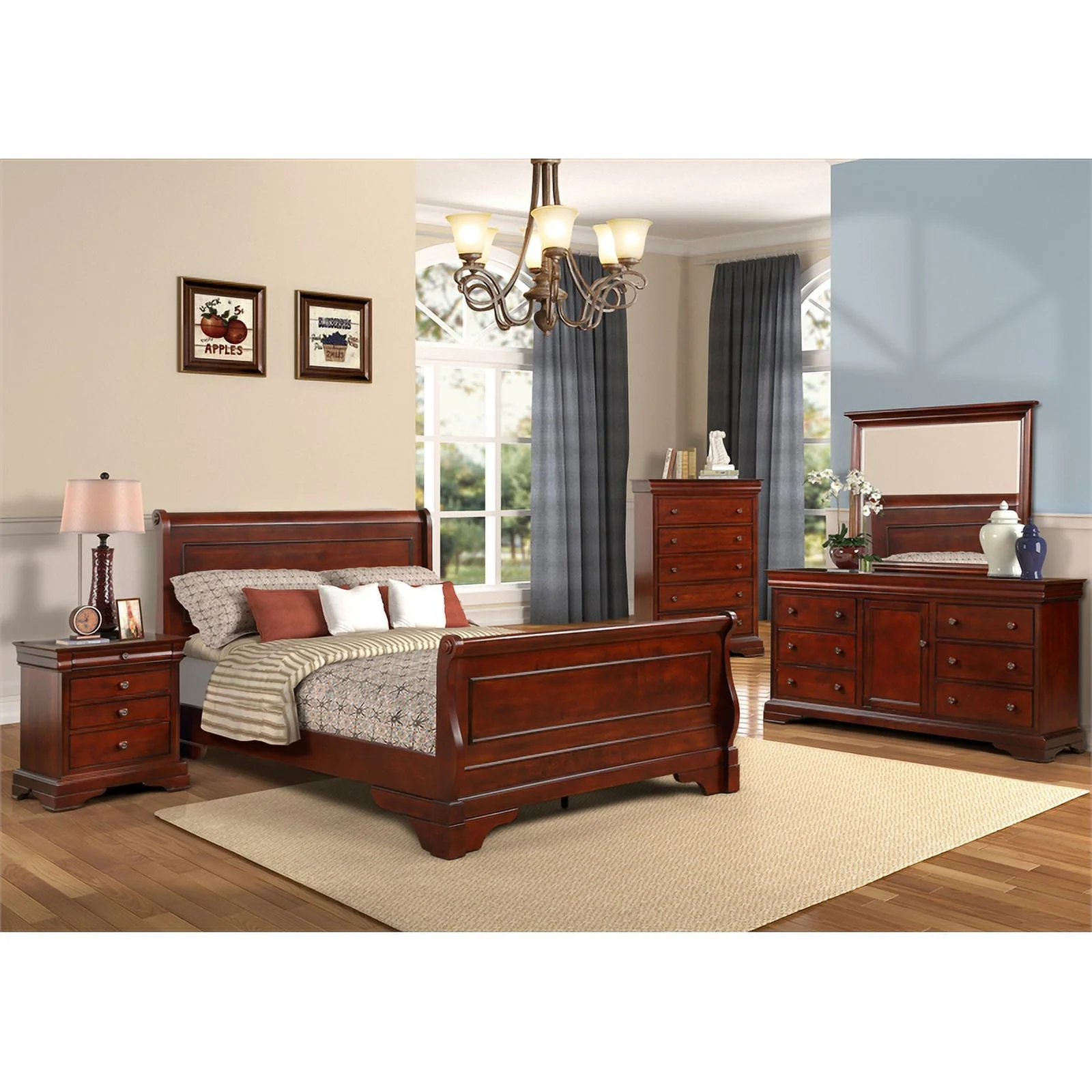 New Classic Versailles 4PC Wood Cal King Bedroom Set with Nightstand in Cherry