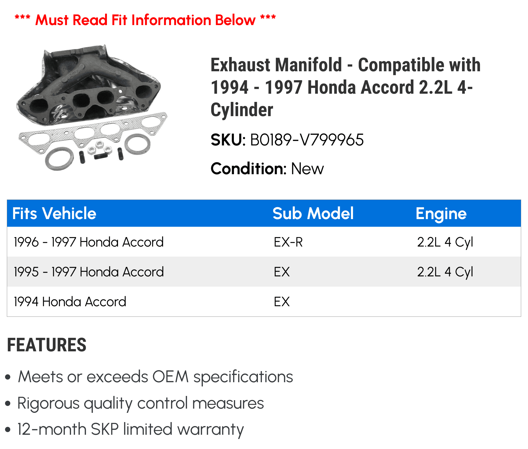 Exhaust Manifold - Compatible with 1994 - 1997 Honda Accord 2.2L 4-Cylinder 1995 1996