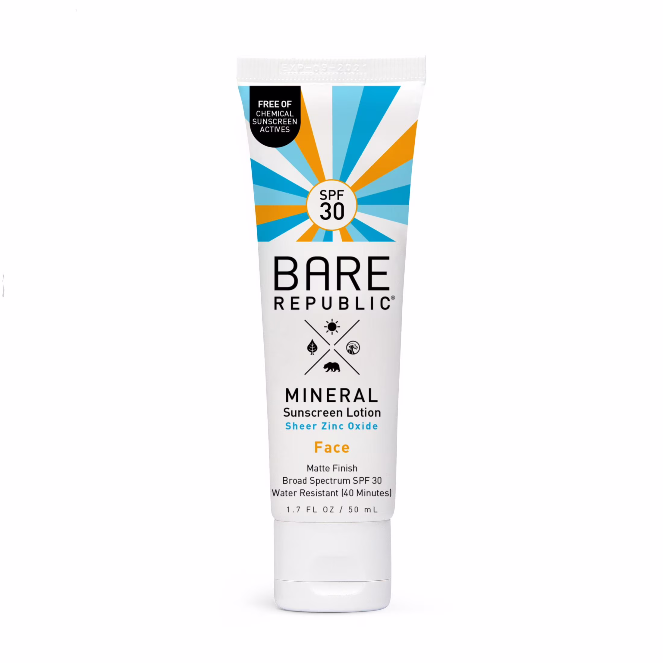 Bare Republic Mineral Face Sunscreen Lotion, Sheer Finish, SPF 30, Reef Friendly, Fragrance Free, 40 Minute Water Resistance, 1.7 OZ