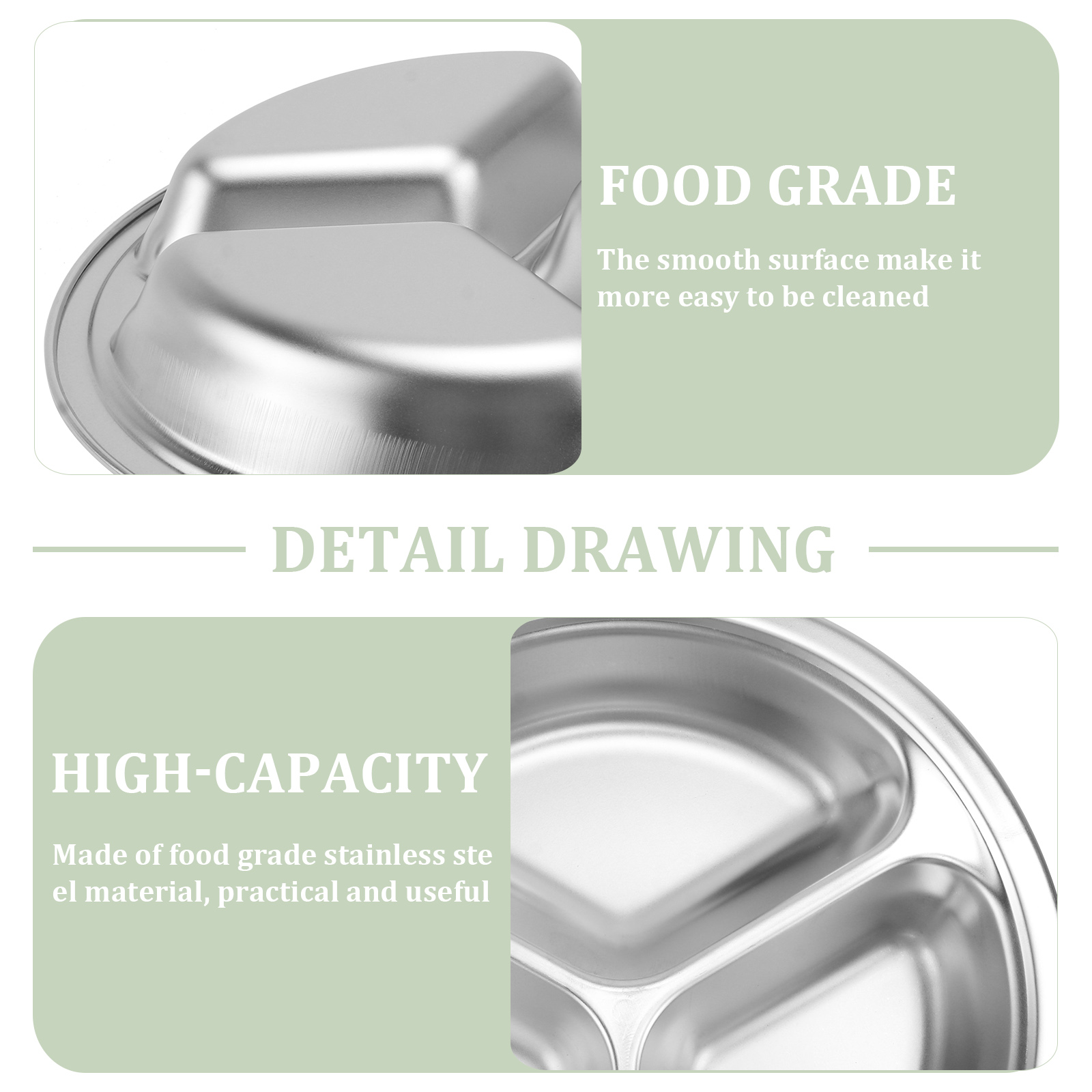 3Pcs Round Stainless Steel Dinner Tray Separation Plates Fast Food Plate Rice Dishes Silver (20cm, 3 Grids)