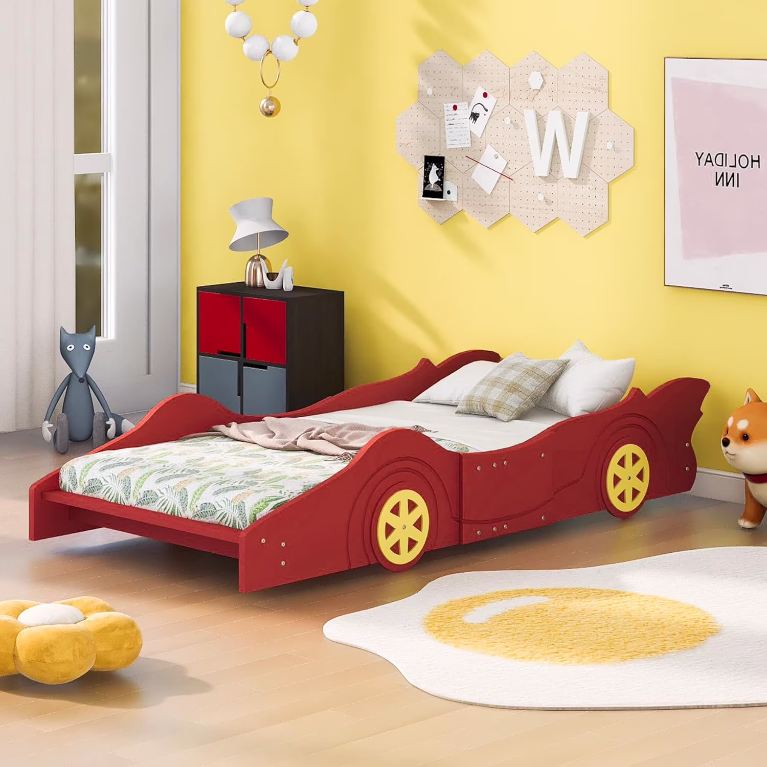 Size Race Car Shaped Platform Bed With Wheels, Wooden Platform Bed Frame With Support Slats, Car Bed Floor Bed For Kids Boys, Red