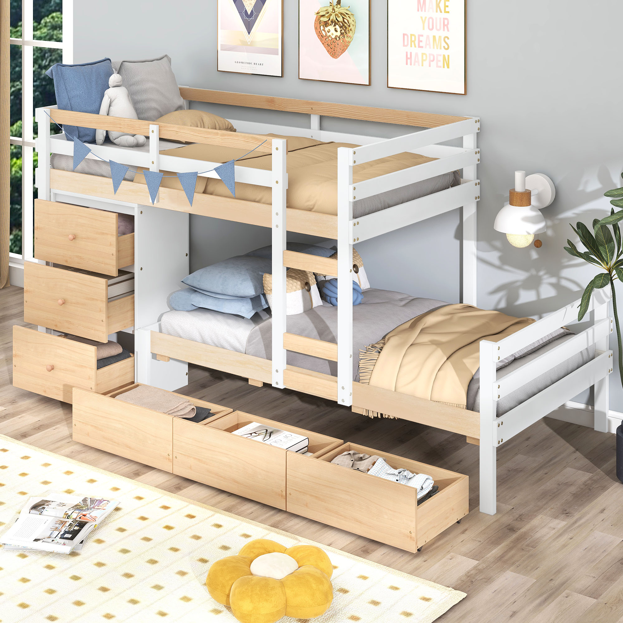 Euroco Twin over Twin Bunk Bed with Six Drawers for Kids Room, Natural