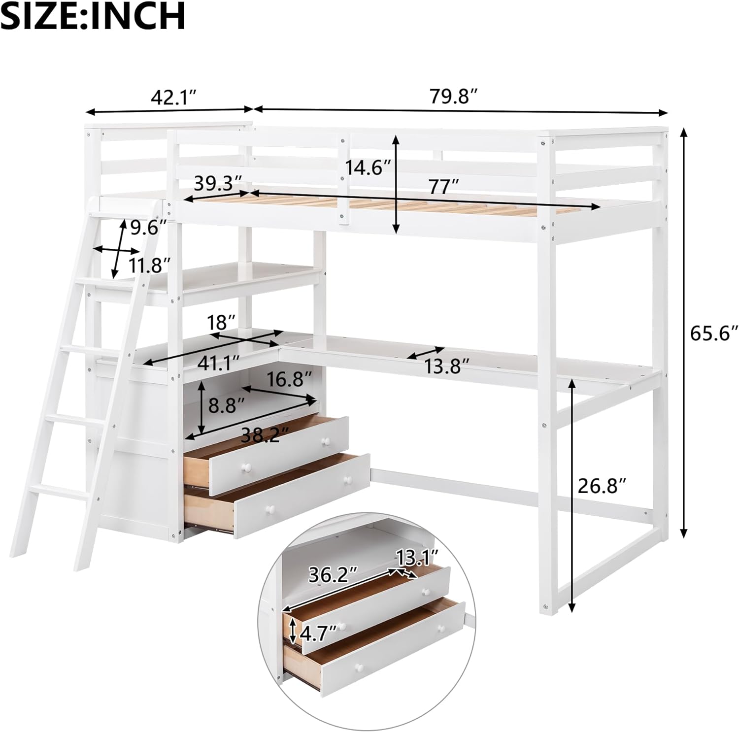 Twin Size Loft Bed Frame for Boys Girls Kids Adults Toddler with Desk and Shelves, Two Built-in Drawers