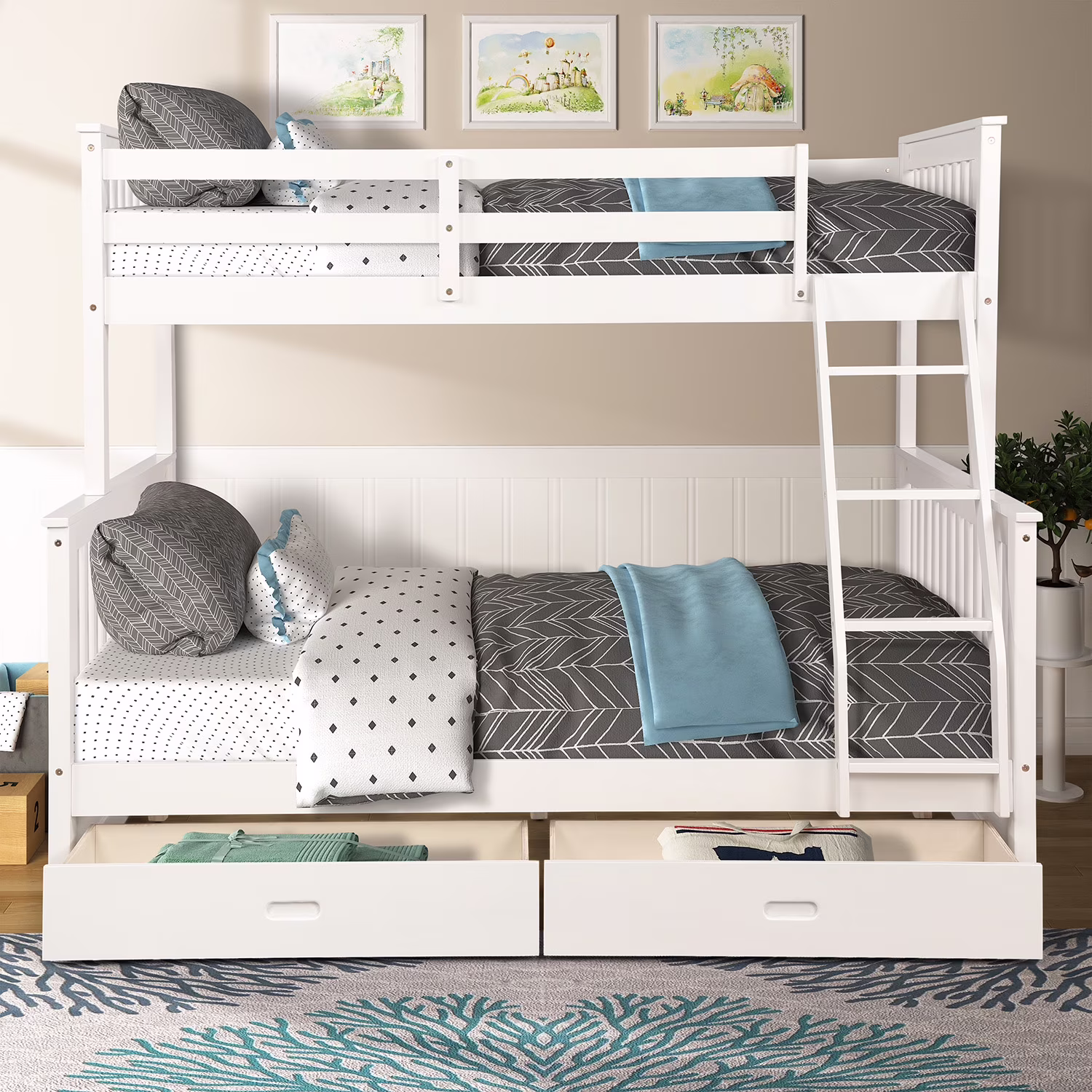 Twin-Over-Full Bunk Bed, Solid Wood Bed Frame with Ladders and Two Storage Drawers Separate to Twin/Full Bed