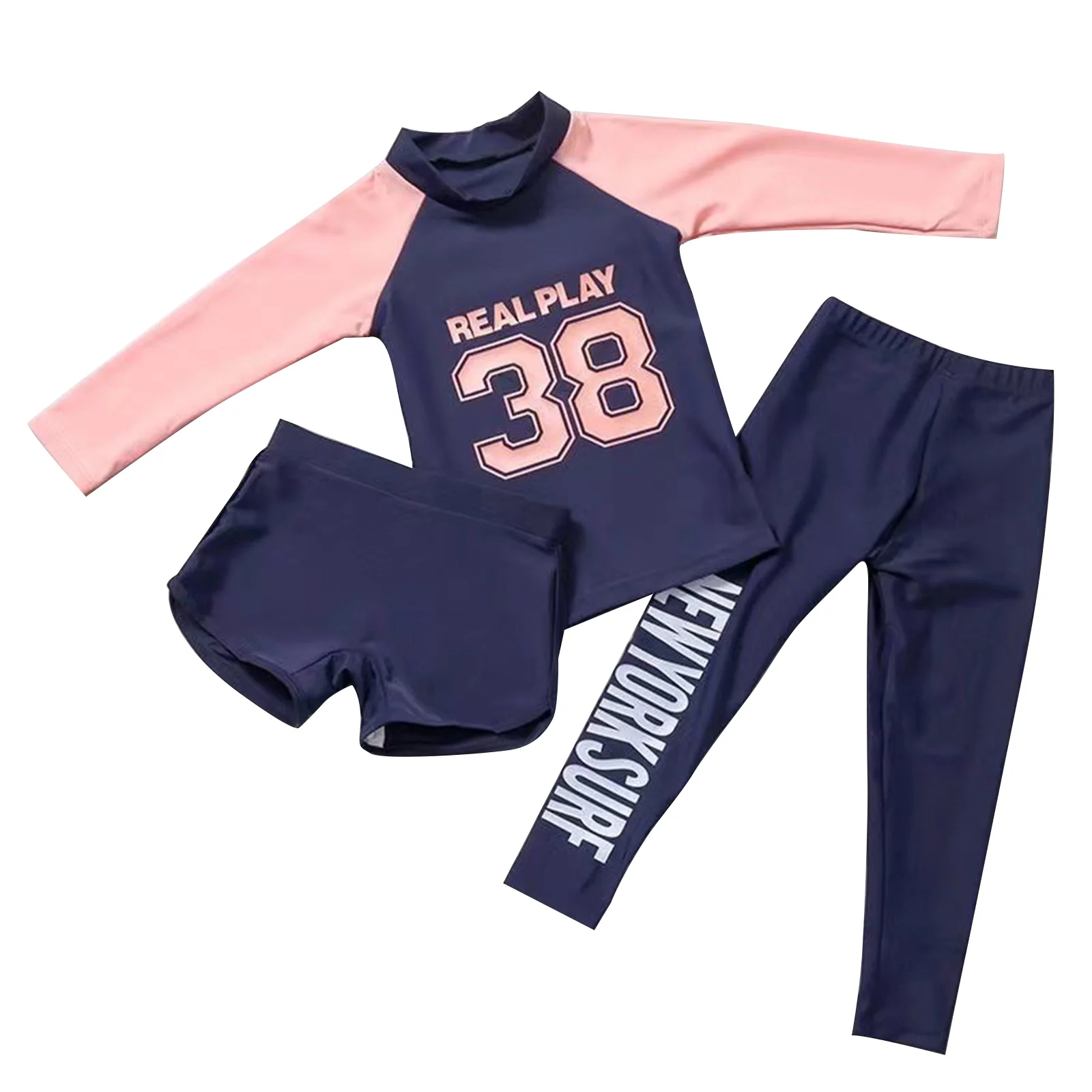 YONGHS Girls 3Pcs Long Sleeve Swimwear UPF 50+ Swimsuit for Diving Snorkeling Surfing Navy Blue 8-10