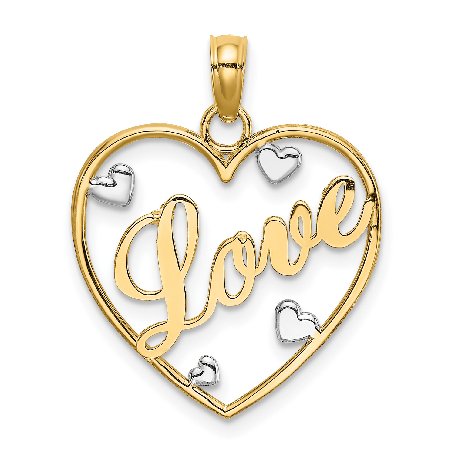 14K Two-Tone Gold Rhodium Plated Love With Hearts Pendant (21.5 mm x 17.75 mm) With 10K Yellow Gold Lightweight Rope Chain 16