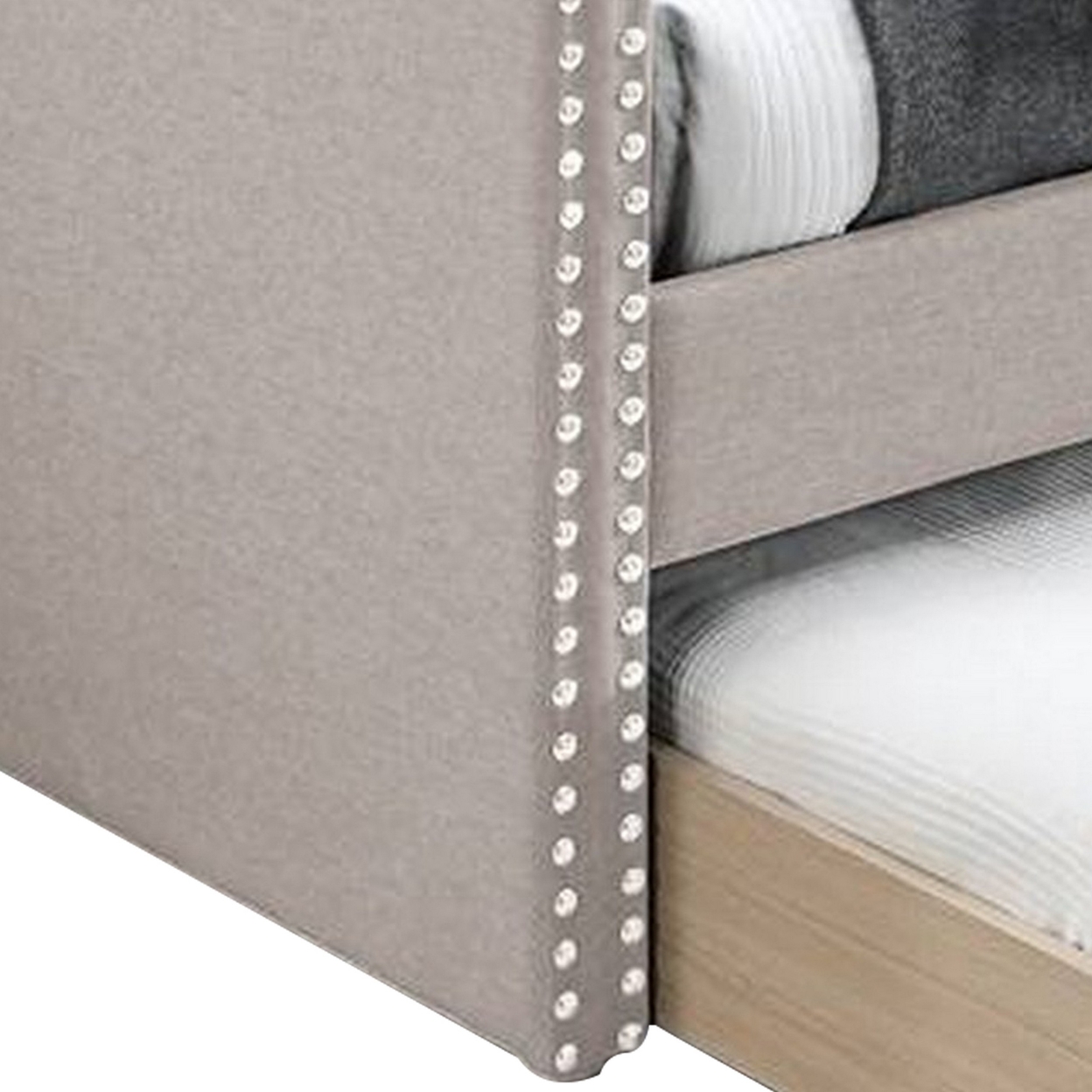 Ann Modern Wood Day Bed with Trundle, Straight Tufted Back, Taupe Burlap- Saltoro Sherpi