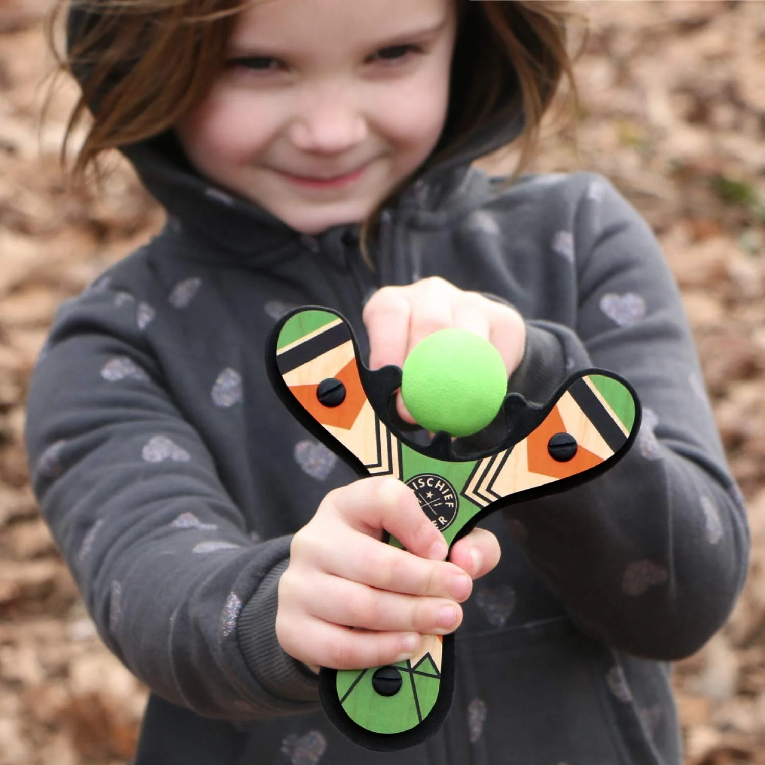 Mighty Fun! Mischief Maker Wooden Toy Slingshot Real Wood and Soft Foam Balls (Green Classic)