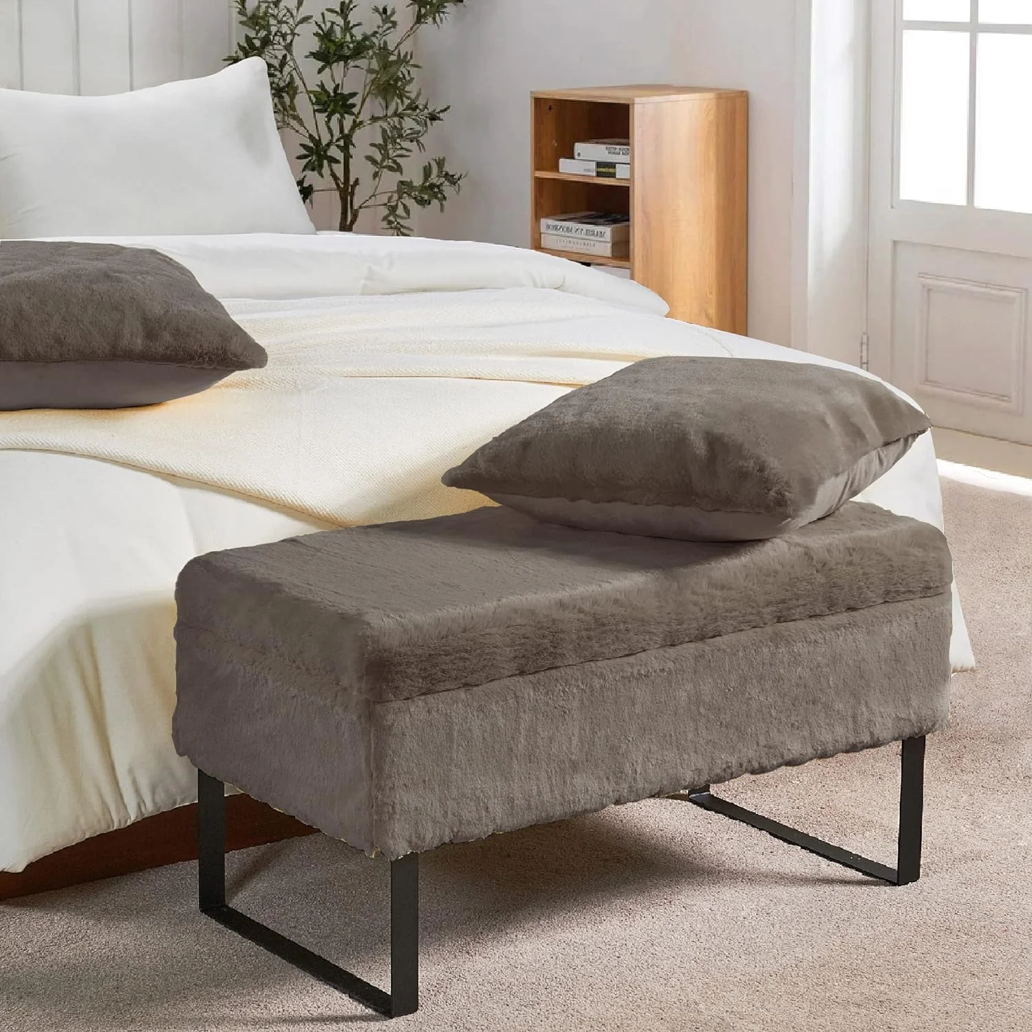 Heavy Faux Fur Storage Ottoman, 36'' X 18'' X 19''H / 20'' X 20'' Pillow Set, Chocolate, Foot Rest Stool Ottoman Living Room Bedroom End Of Bed Makeup Entryway Bench With Throw Pillow