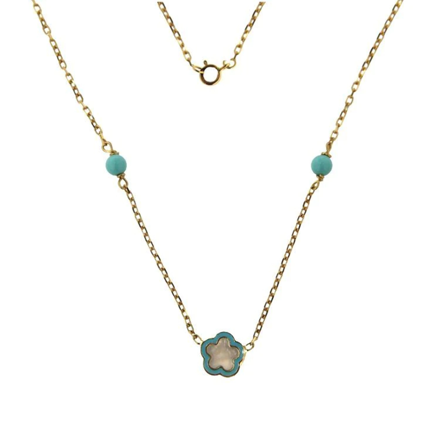 18K Solid Gold Mother of Pearl Flower and Turquoise beads Necklace