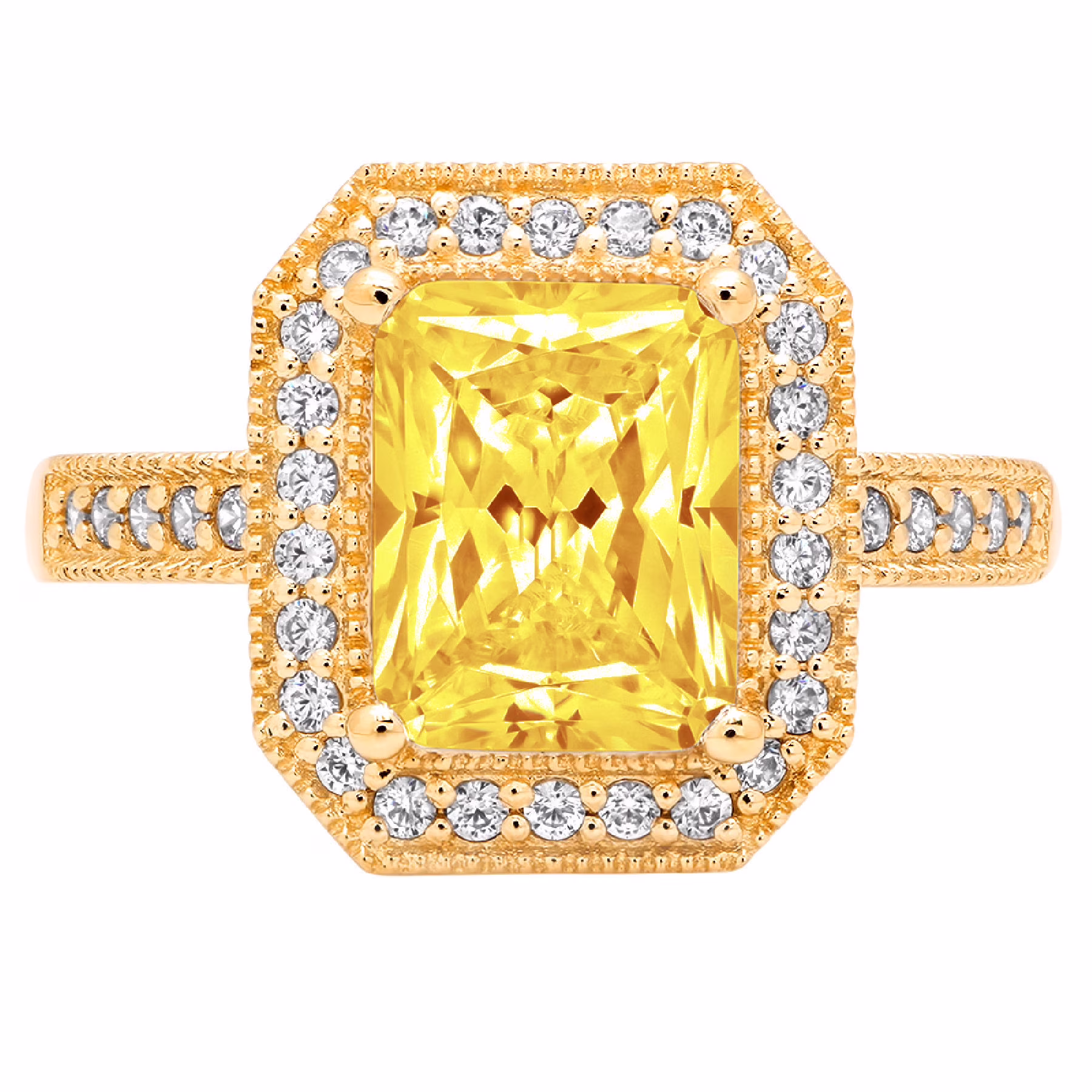2.9 ct Brilliant Emerald Cut Clear Simulated Diamond 18K Yellow Gold Halo Solitaire with Accents Ring SZ 6.75