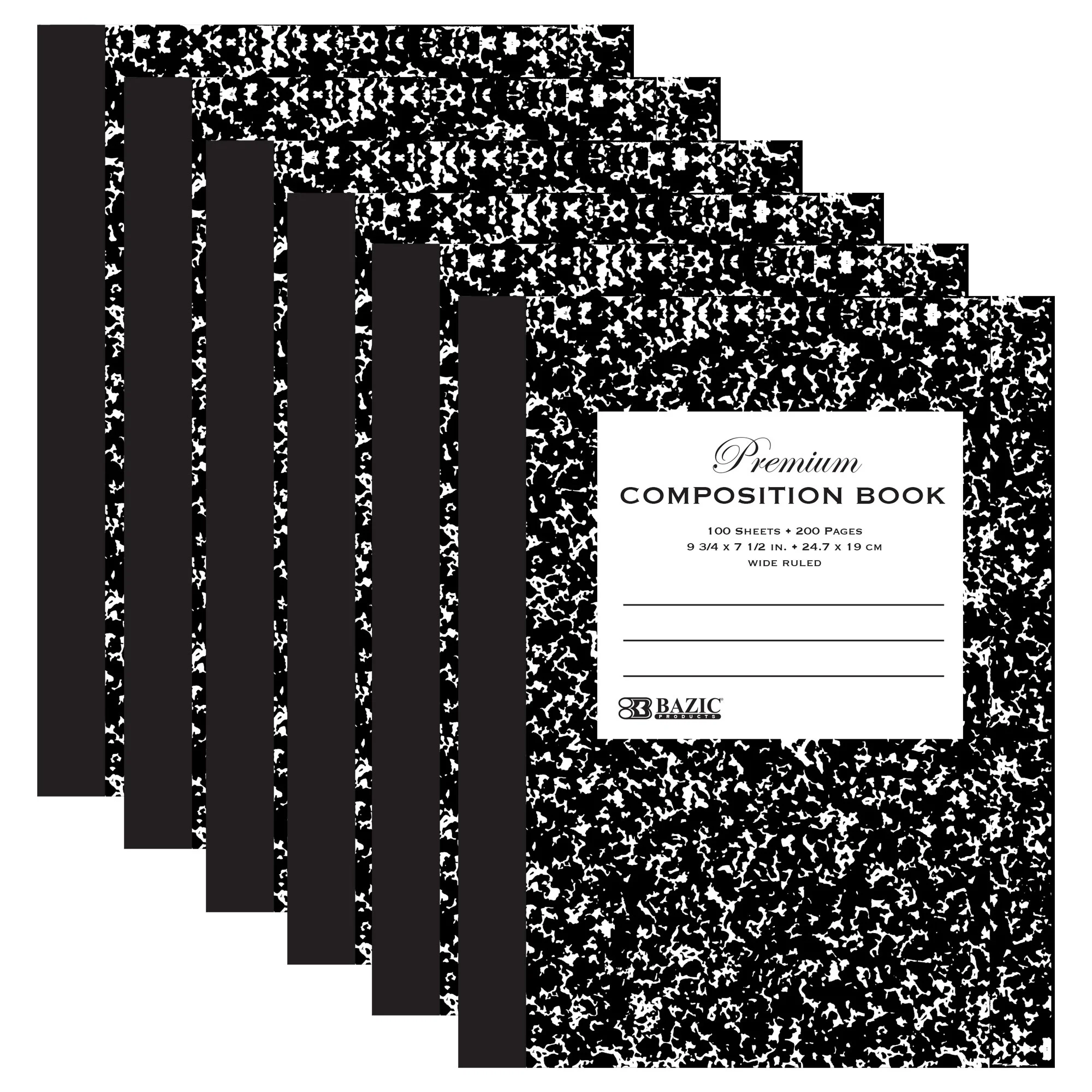 BAZIC Composition Book Wide Ruled 100 Sheet, Premium Black Marble Notebook, 6-Pack