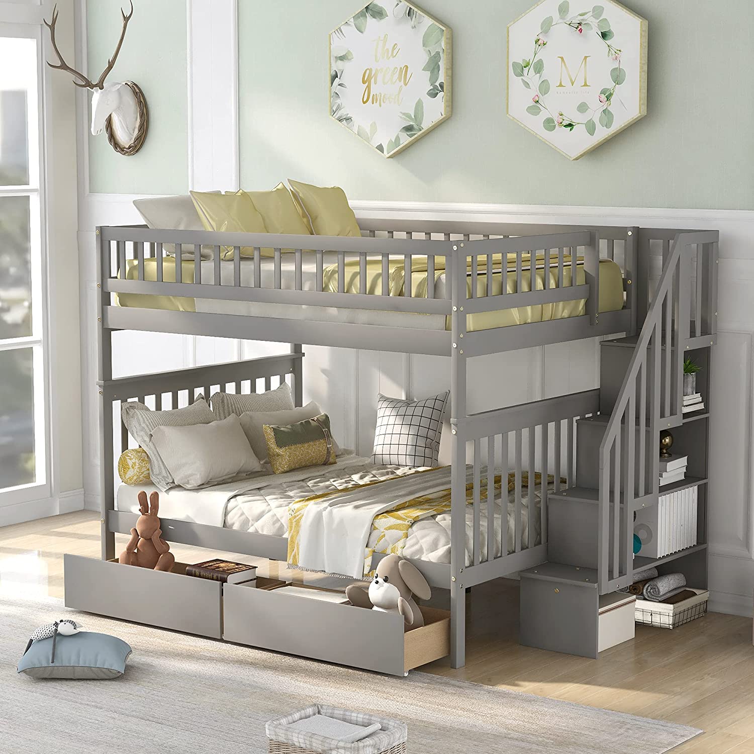 Full Over Full Bunk Bed With Stairs And Storage Drawers, Wooden Bunk Bed Can Be Converted Into 2 Separate Beds, For Kids Teens Adults (Gray)