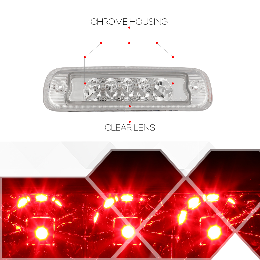 For 1997-2001 Jeep Cherokee Rear LED 3rd Third Brake Light Tail Stop Lamp Chrome Housing Clear Lens 98 99 00
