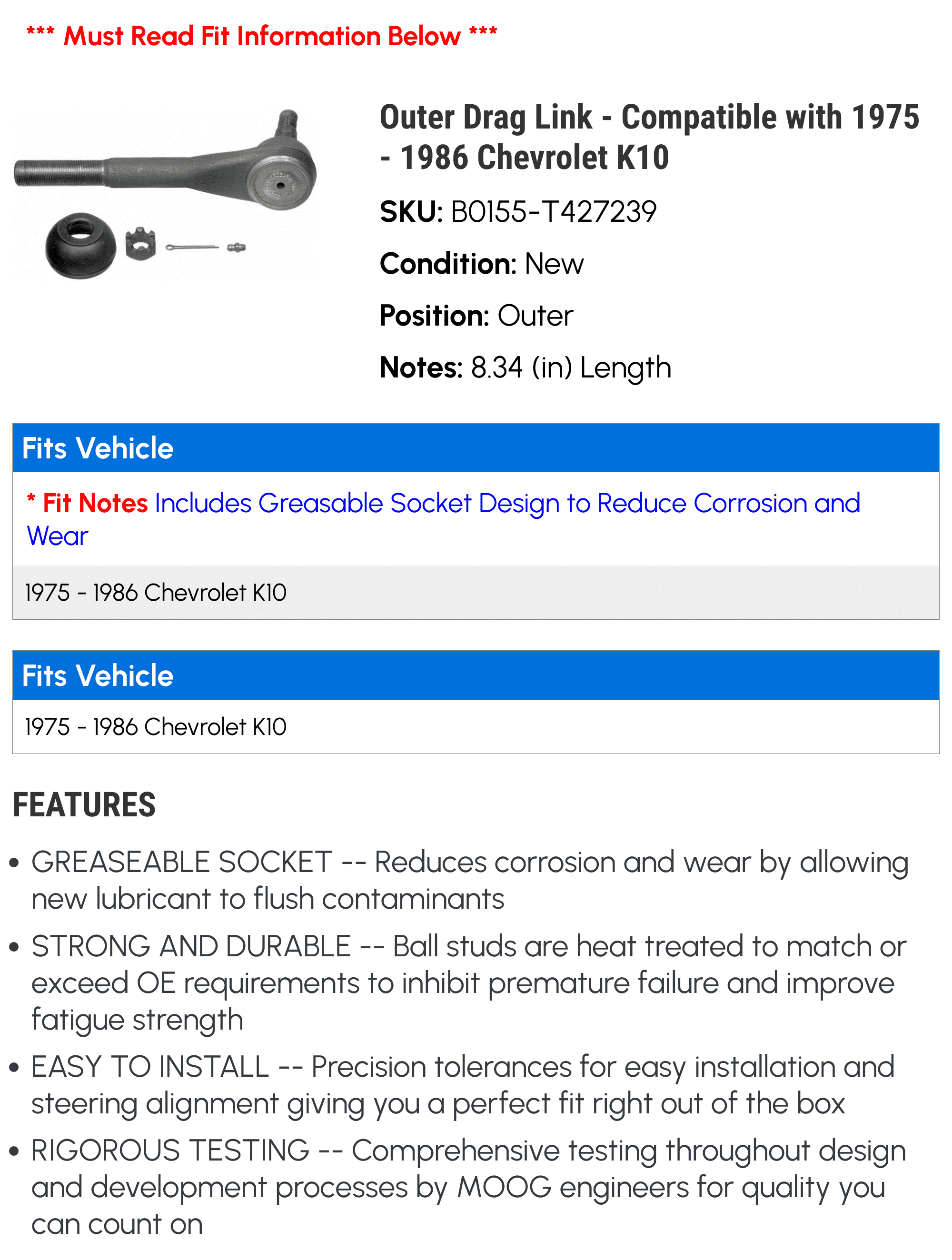 Outer Drag Link - Compatible with 1975 - 1986 Chevy K10 1976 1977 1978 1979 1980 1981 1982 1983 1984 1985