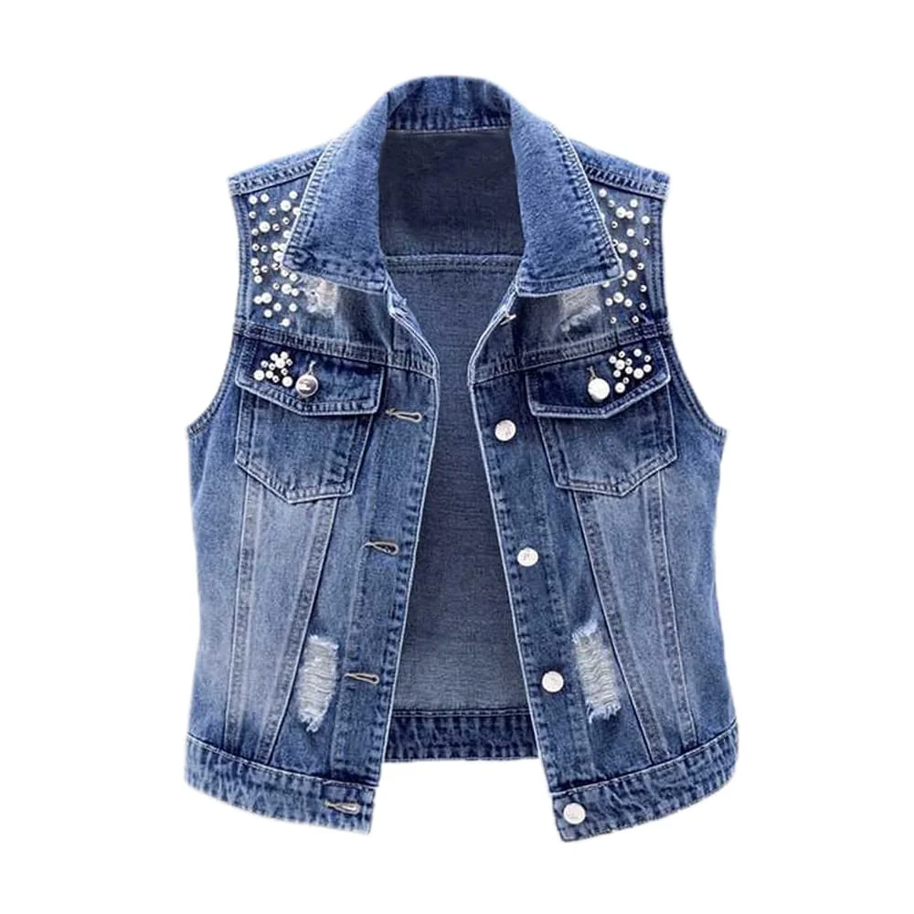 YM YOUMU Womens Beading Pearls Sleeveless Denim Vest Jean Jacket Coat