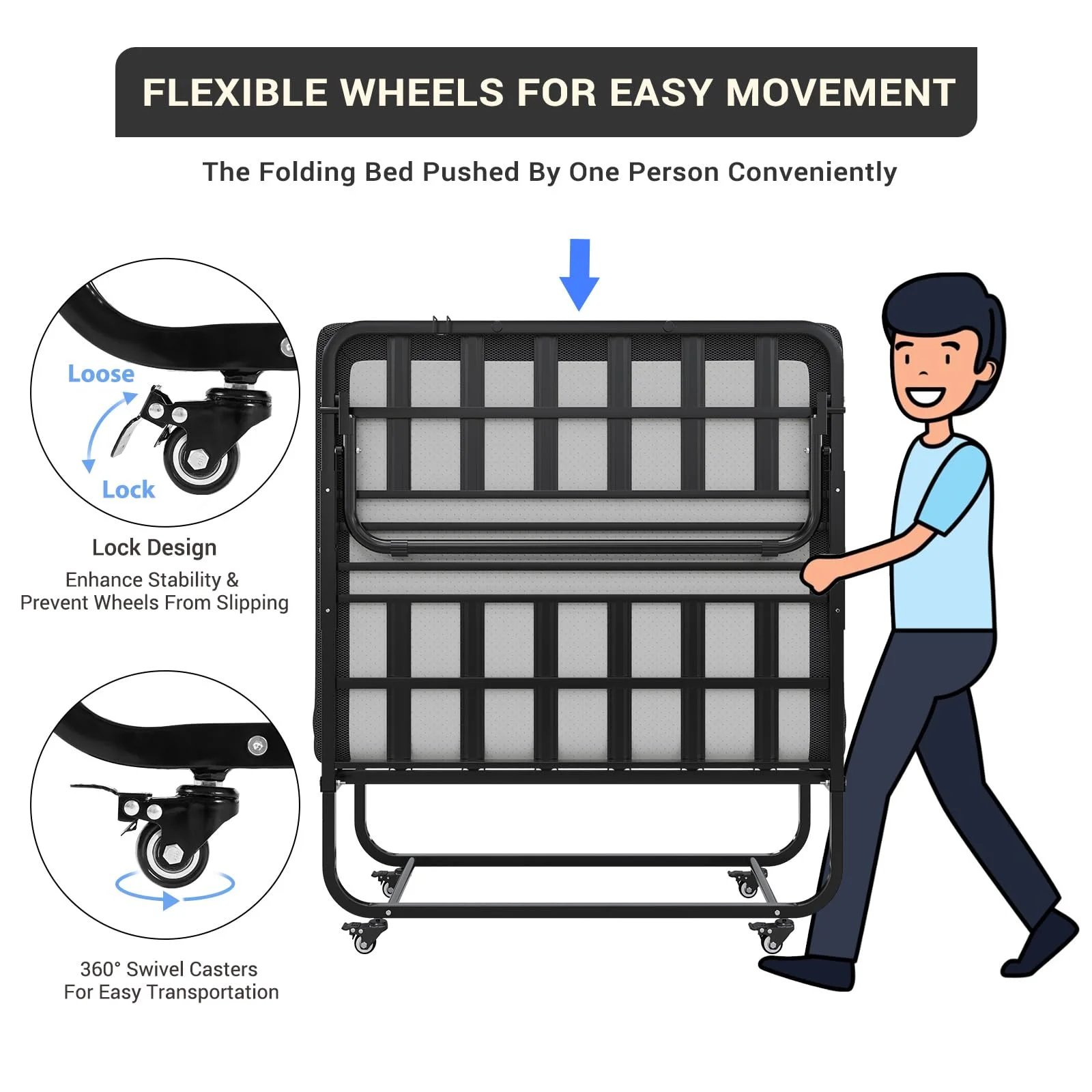Folding Bed with 5in Memory Foam Mattress, 75 x 38 Twin Size Portable Foldable Guest Bed with Wheels, Black