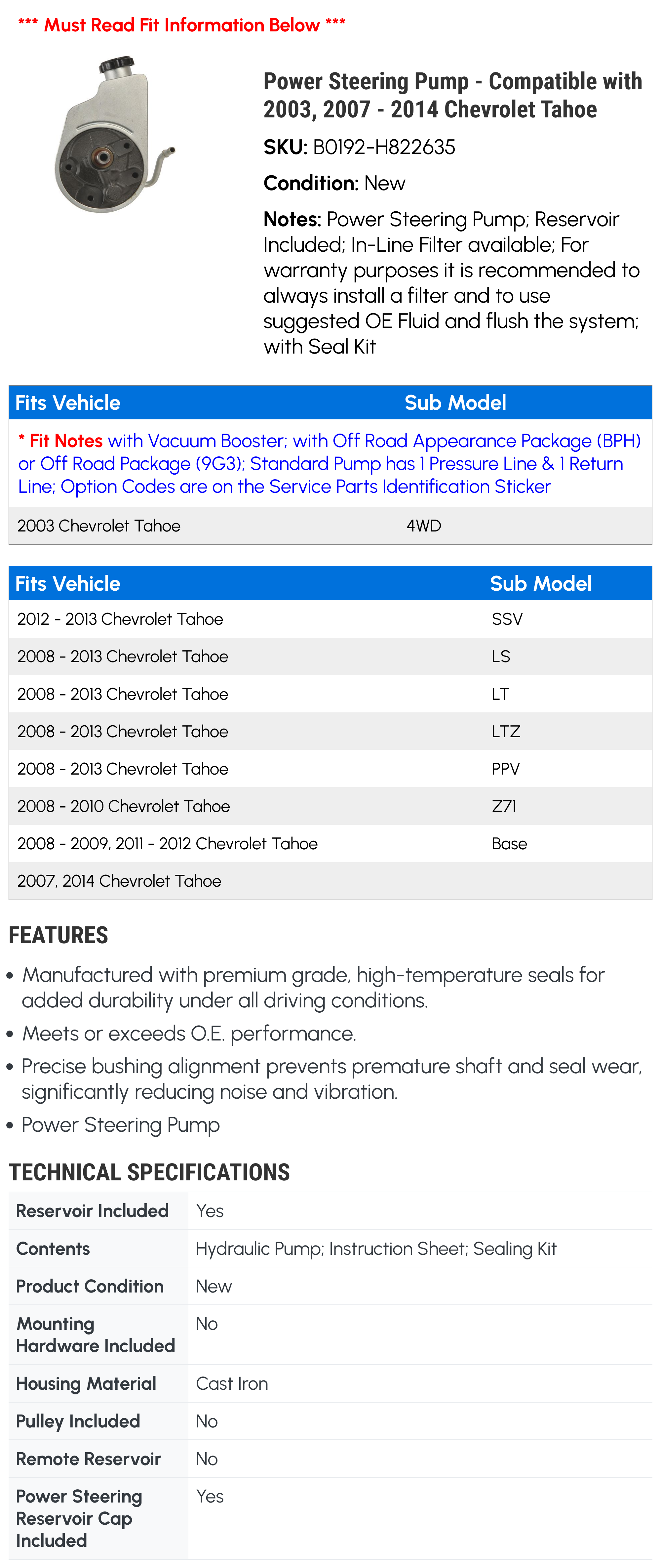 Power Steering Pump - Compatible with 2003, 2007 - 2014 Chevy Tahoe 2008 2009 2010 2011 2012 2013
