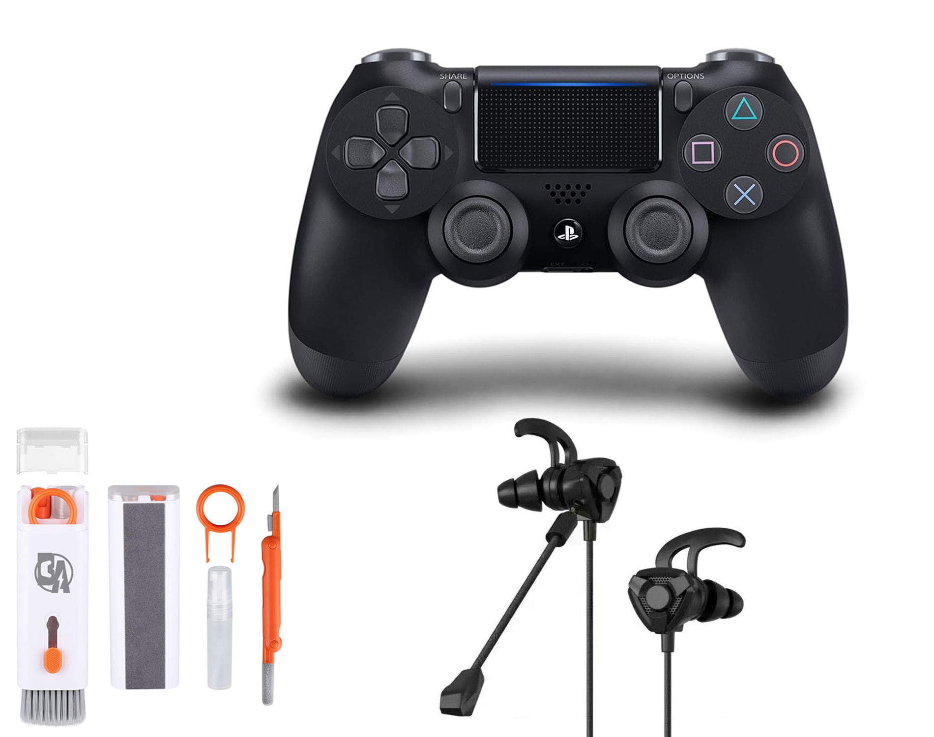 Sony Dual Shock Black Gaming Controller PS4 Console With Black Gaming Buds + Cleaning Kit BOLT AXTION Bundle Like New