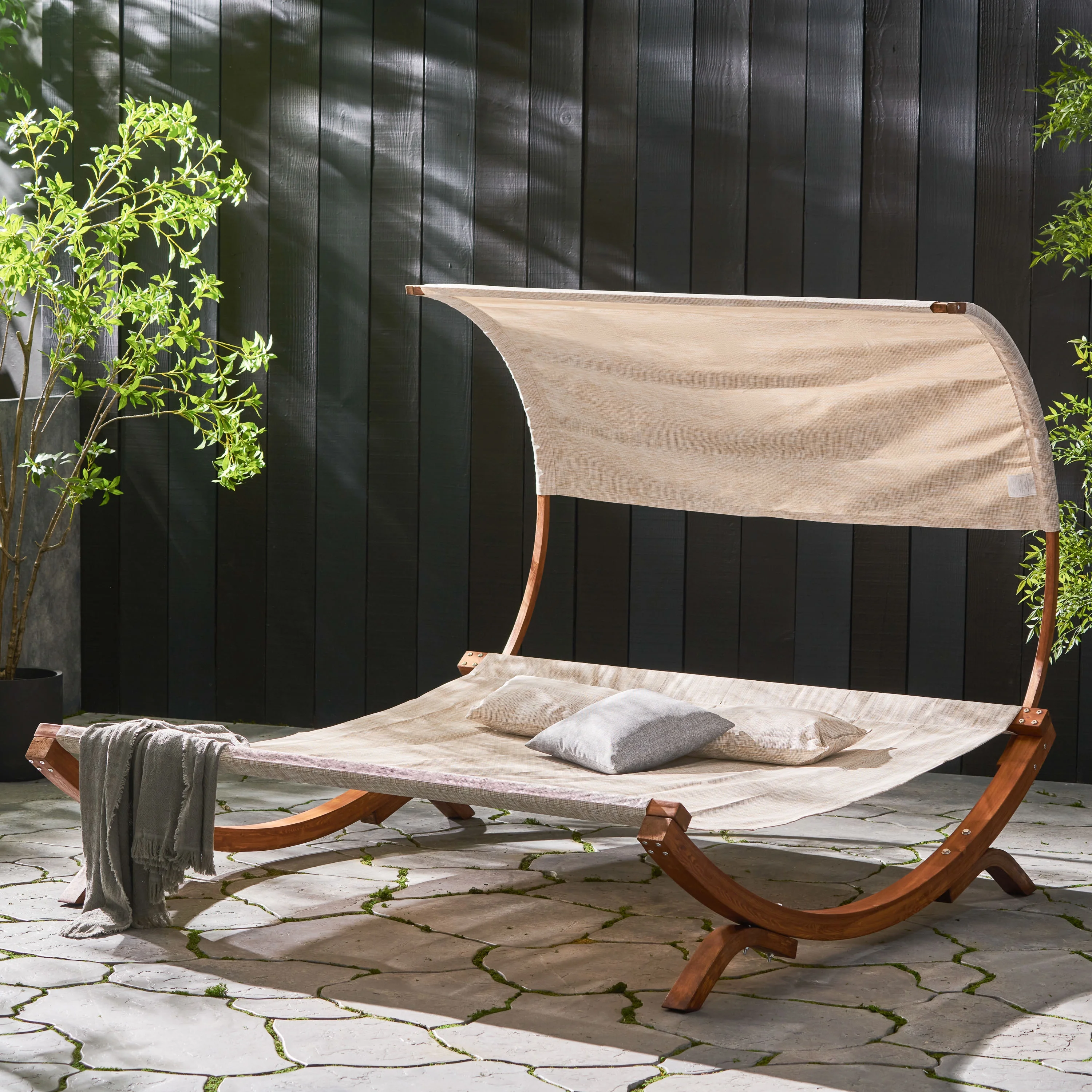 GDF Studio Rosalie Outdoor Mesh and Larch Wood Daybed with Canopy, Beige and Teak