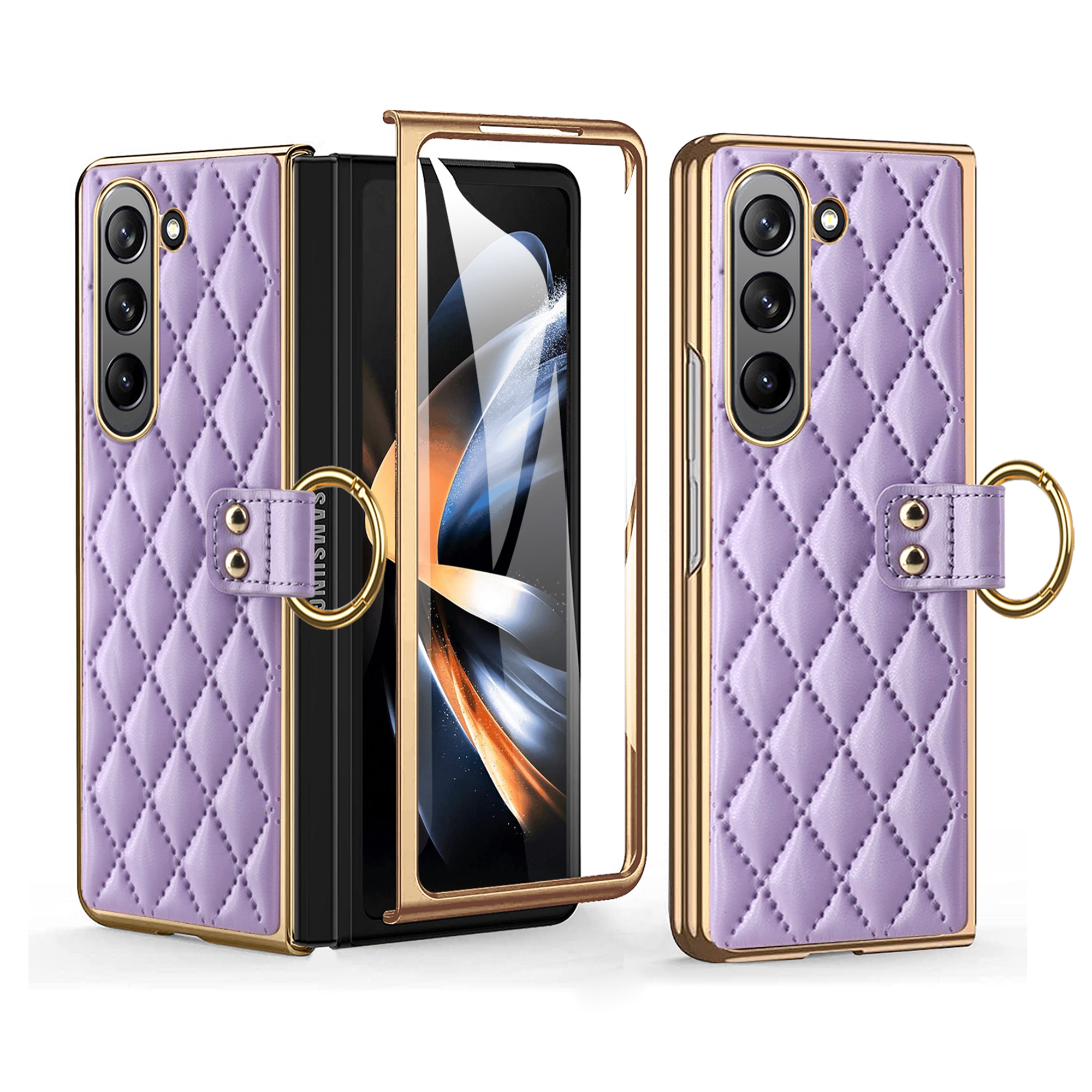 Decase for Samsung Galaxy Z Fold 5 5G 2023 Diamond Pattern Case,Elegant Style Glass Screen Protector Shockproof Case Plating Frame Anti-Scratch Ring Holder Cover Support Wireless Charging,Purple