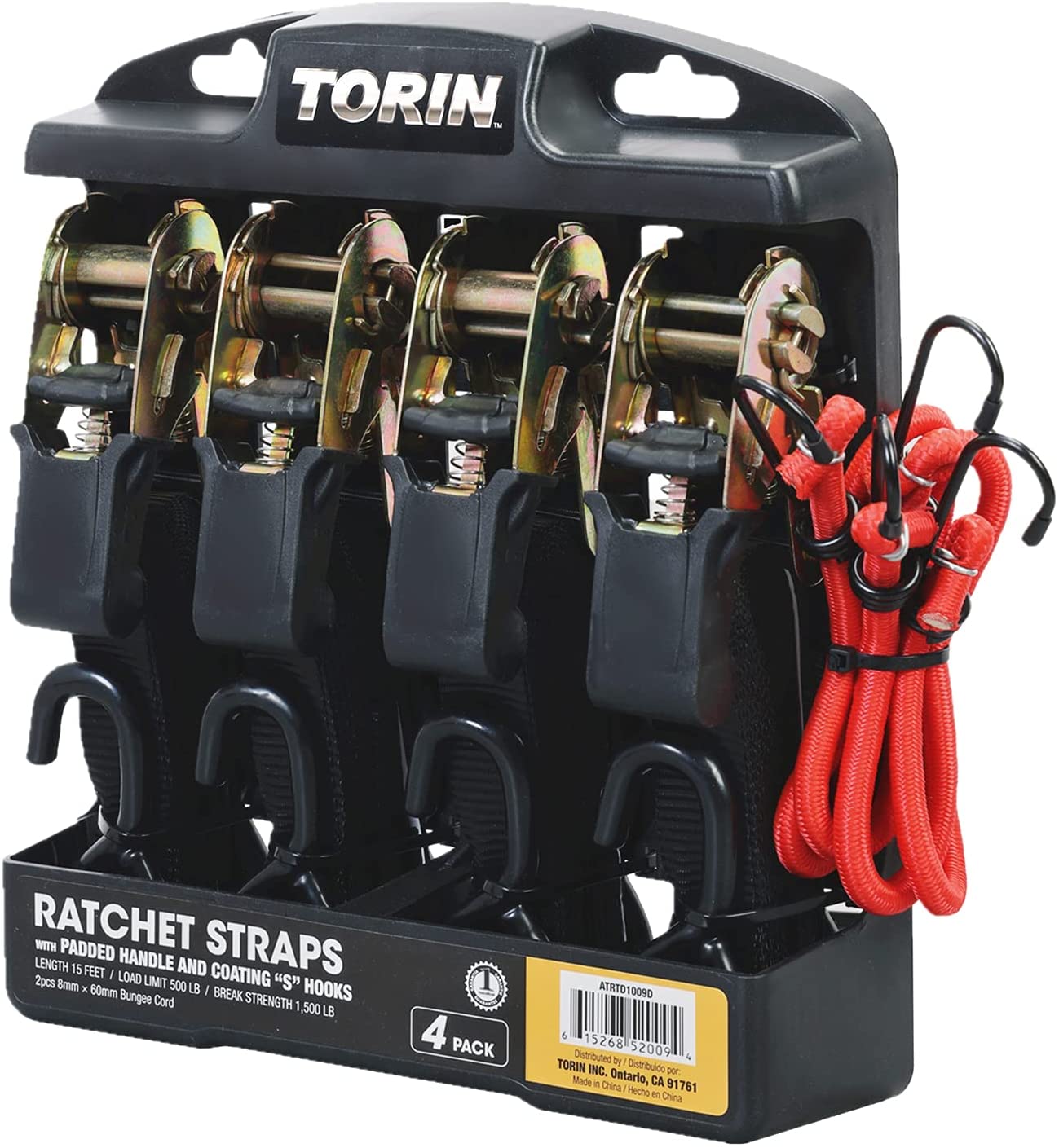 Torin 15 Foot Ratchet Tie Down Straps with 500 lb Load Limit/1,500 lb Break Strength, Black, Pack of 4, W09ZDB