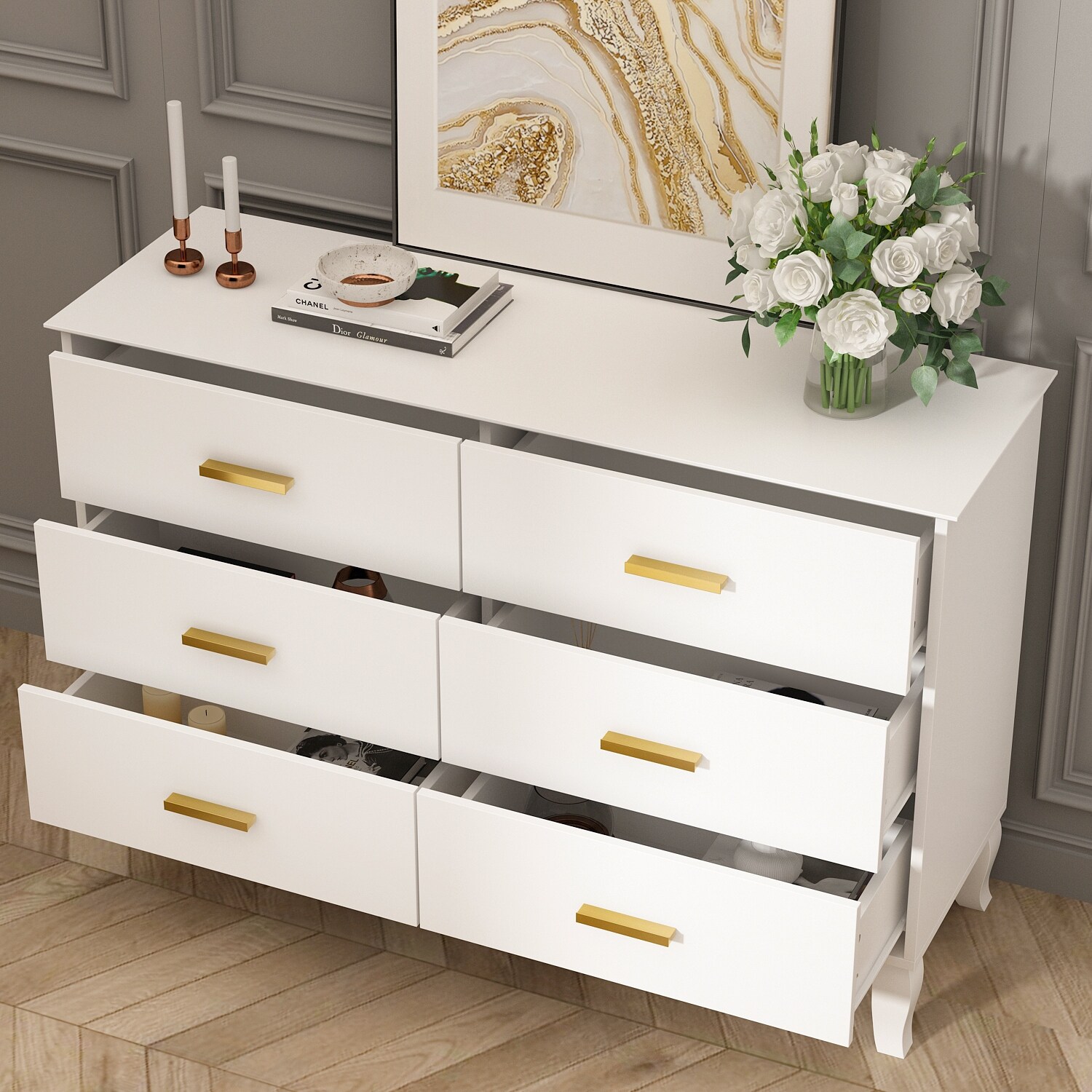 Timechee 6 Drawer 47.2''W Double Dresser Solid Wood Legs Lacquer Chest Black