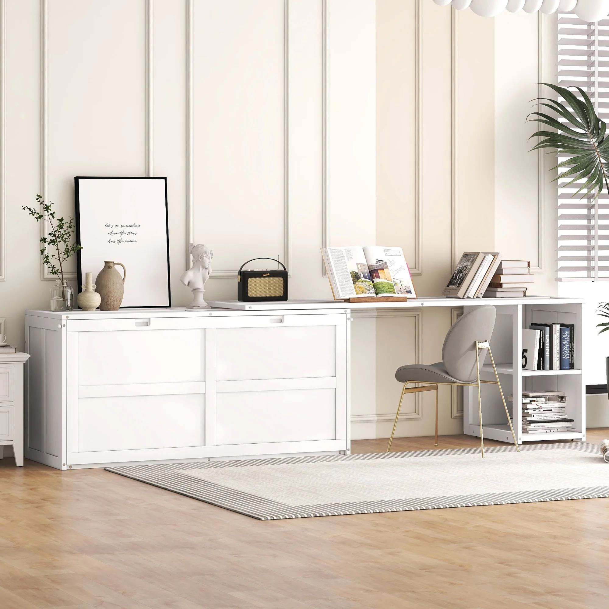 Queen Size Murphy Bed with Rotable Desk & 2 Storage Shelves, Space-Saving Design Solid Pine Wood Floor Bed Frame, White