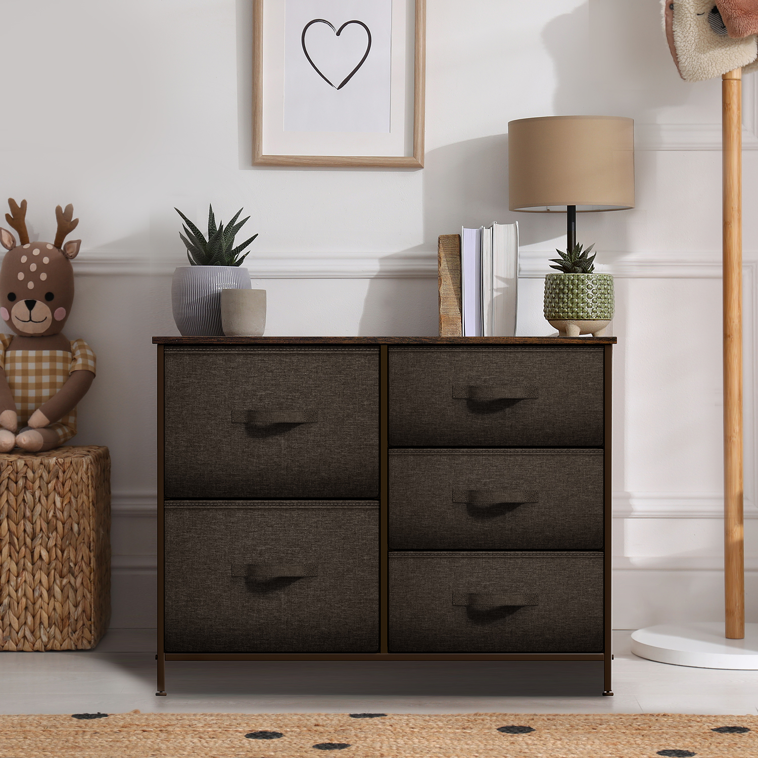 Sorbus 5-Drawer Dresser: Chest Organizer, Steel Frame, Wood Top, Easy-Pull Fabric Bins (Brown)