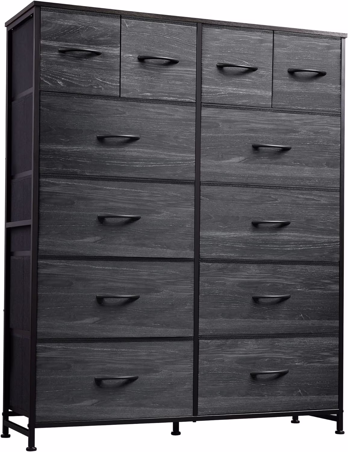 FJU Tall Dresser for Bedroom with 12 Drawers, Dressers & Chests of Drawers, Fabric Dresser for Bedroom, Closet, Fabric Storage Dresser with Storage Drawers, Wood Top, Charcoal Black Wood Grain Print