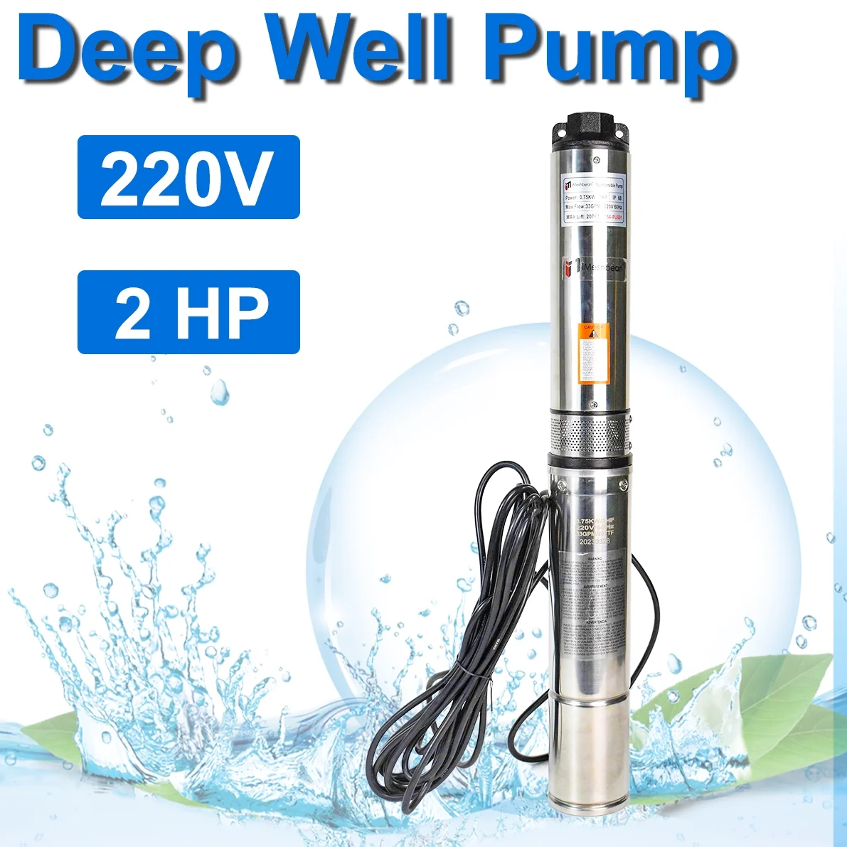 iMeshbean Deep Submersible Well Pump 2 HP Submersible Well Pump 220V Water Pump 35GPM 400ft Head with 33ft Electric Cable Stainless Steel Water Well Pumps Submersible for Irrigation Use