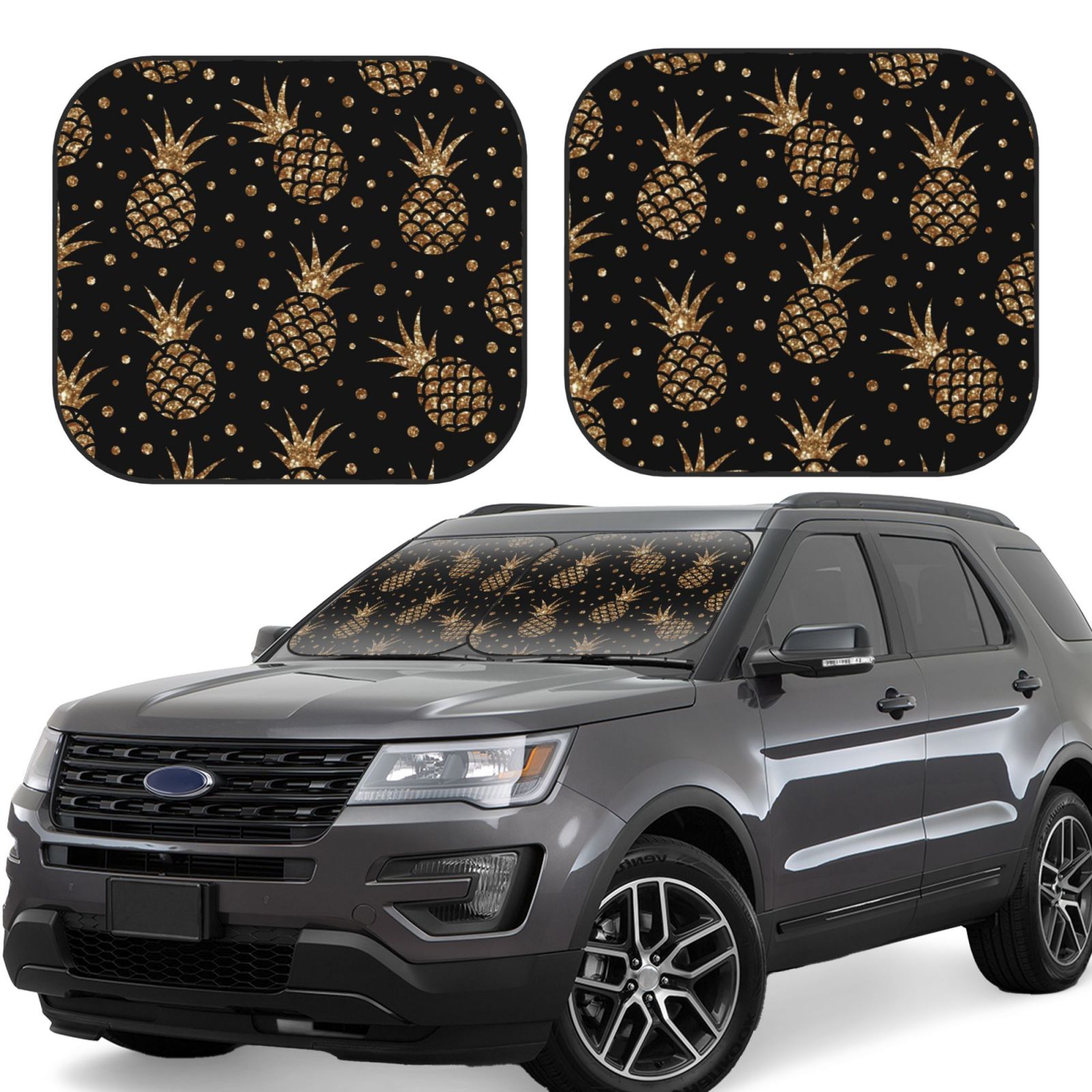 Lukts Gold Glitter Pineapples Print 2 Piece Car Sun Shade Windshield,Foldable Car Shade Front Windshield With Keeps Your Vehicle Cool, For Most Sedans Suv And Trucks - Small