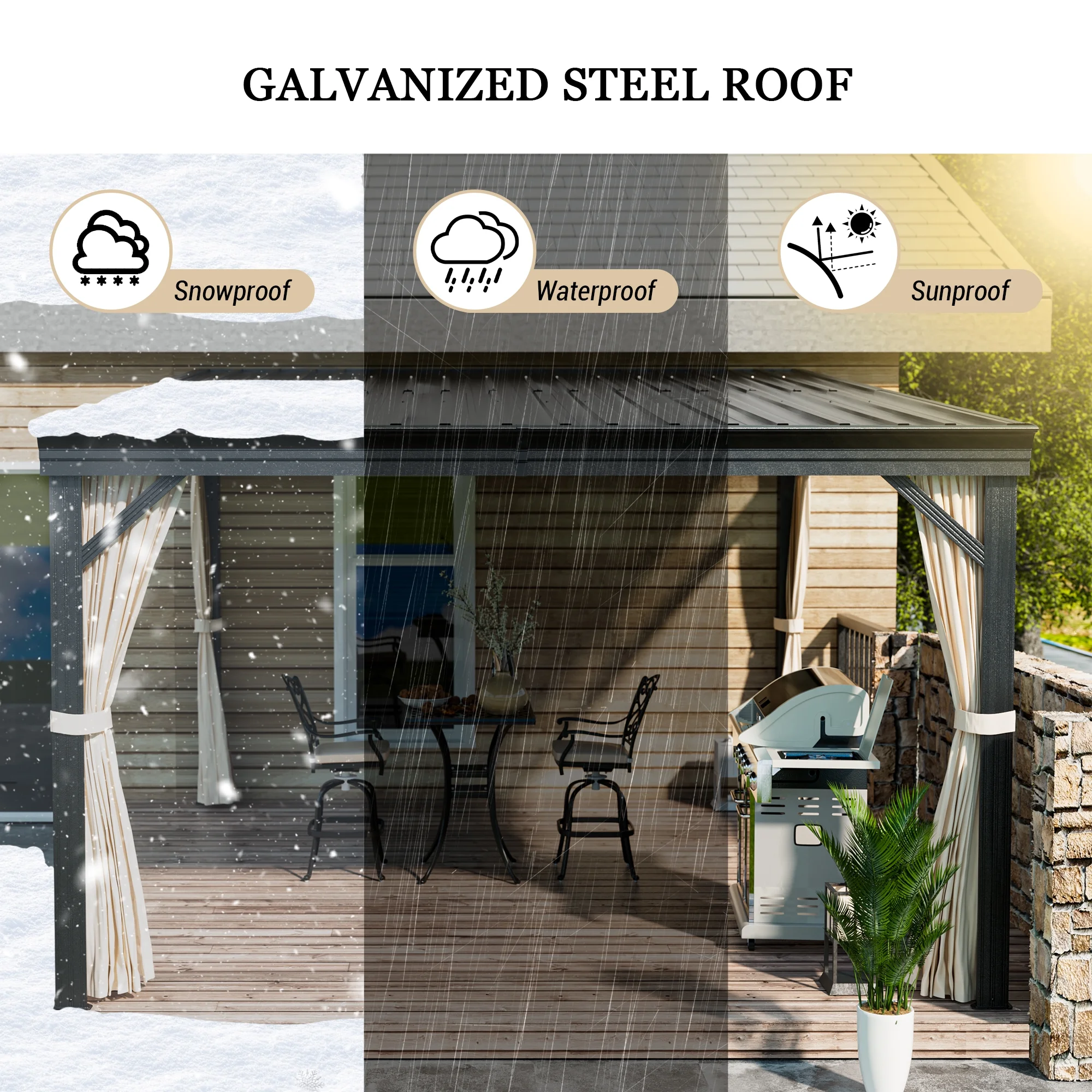 Mondawe 10x12 ft Wall-Mounted Hardtop Gazebo with Aluminum Frame, Galvanized Steel Roof, Sunroom, Curtains, and Netting