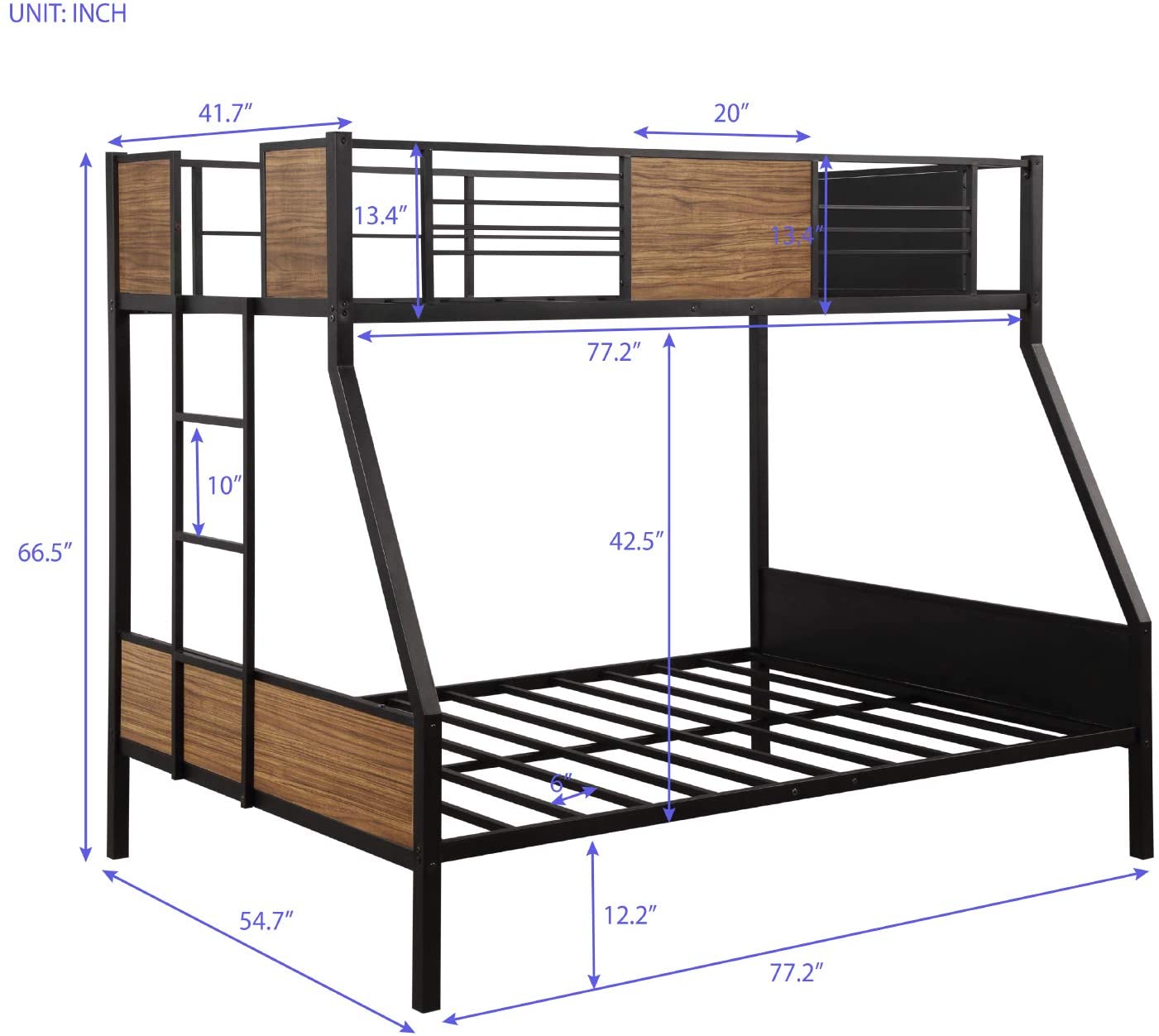 Churanty Twin Over Full Bunk Bed Study Metal Bed Frame with Ladder and Safety Rails Home Bedroom Furniture