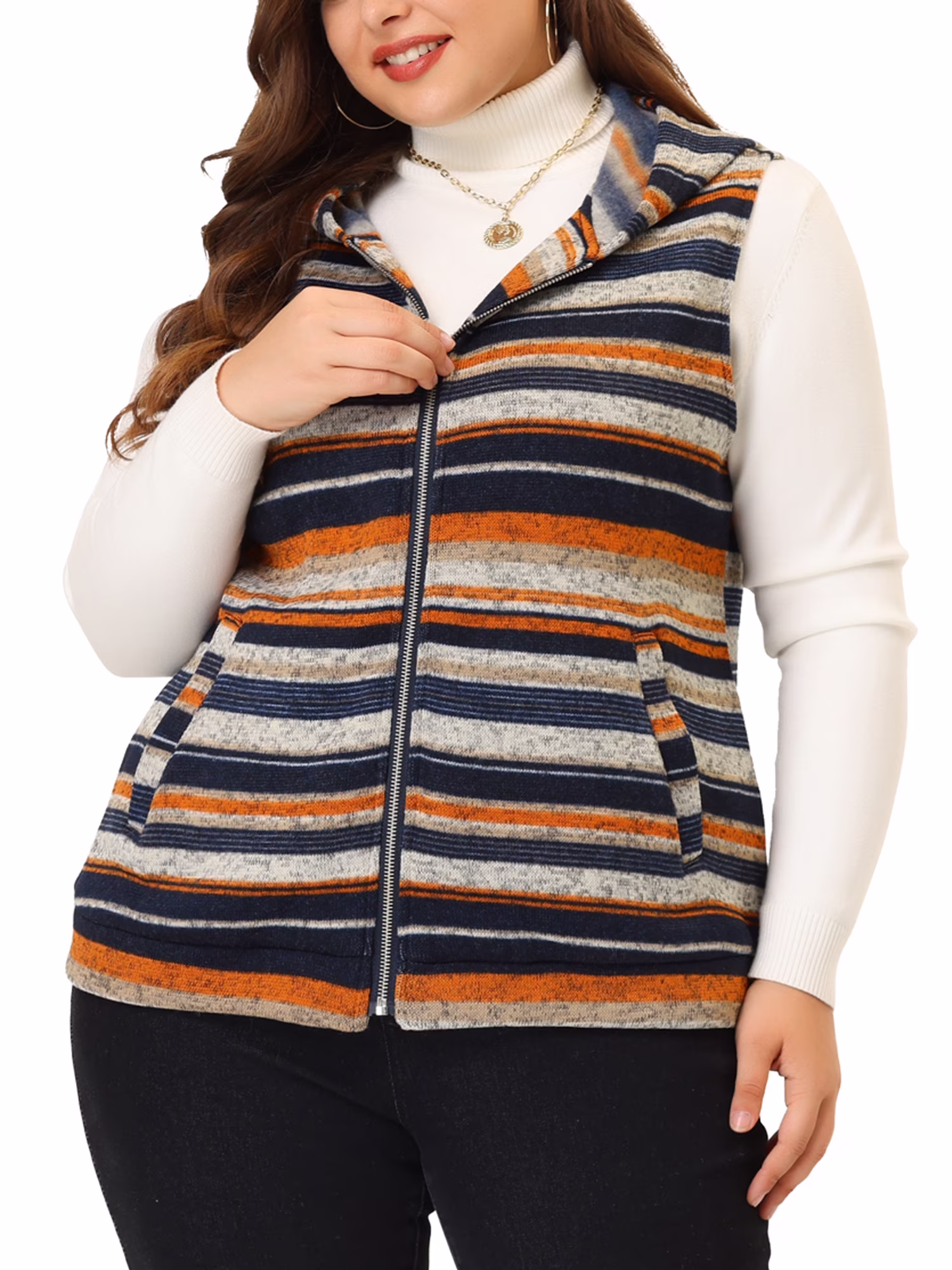 Unique Bargains Women's Plus Size Pullover Zip Up Sleeveless Knit Boho Vest Hoodie