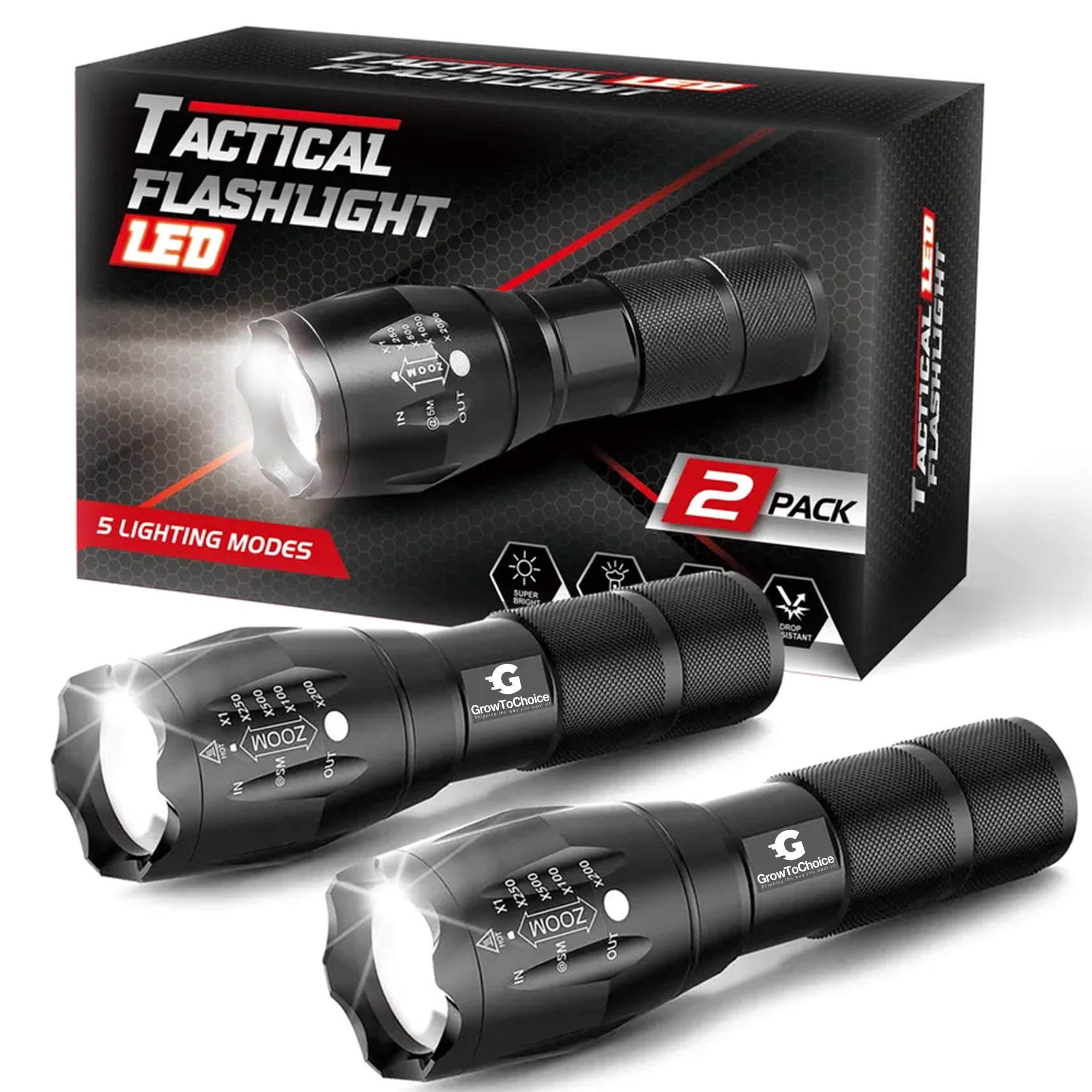 Rechargeable LED Flashlights Camping Gear - High Lumens, 5 Lighting Modes, Zoomable Flash Light Set of 2 for Emergencies, Camping, Hiking - Battery Tactical Super Bright Torch Flashlights with Clip