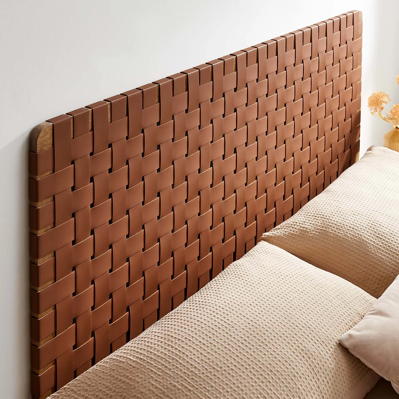 Modway Sparta Weave Wall-Mount Queen Vegan Leather Headboard in Walnut Brown