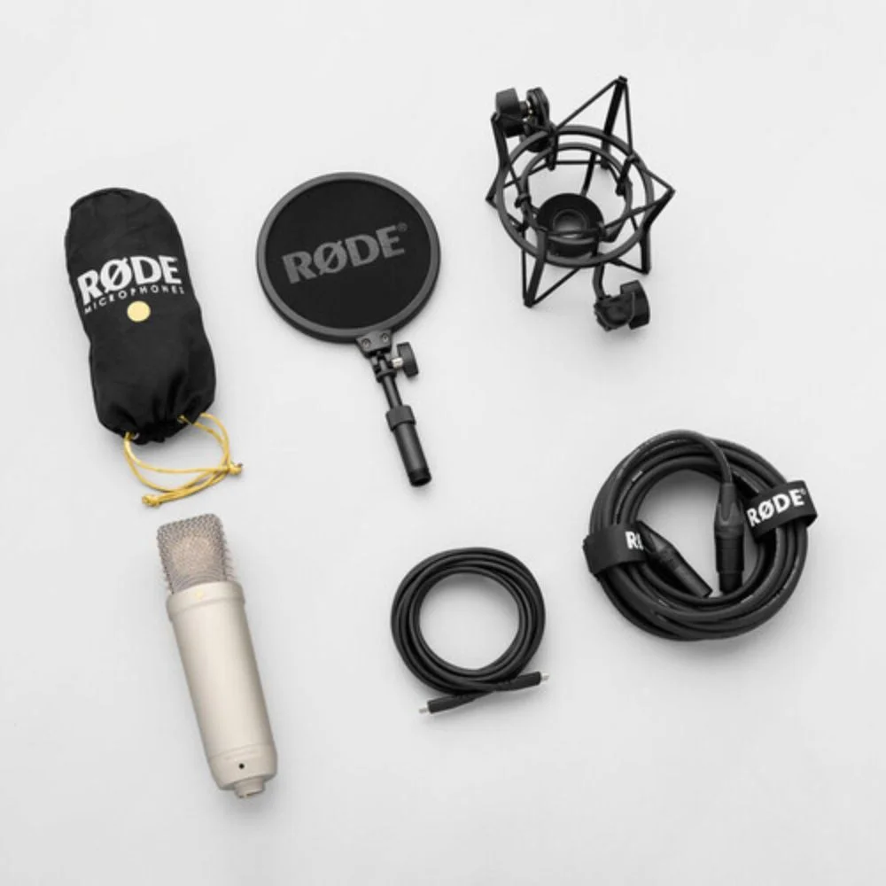 Rode NT1 (Silver)5th Generation Hybrid Studio Condenser Microphone Bundle with Mic Stand with Fixed Boom